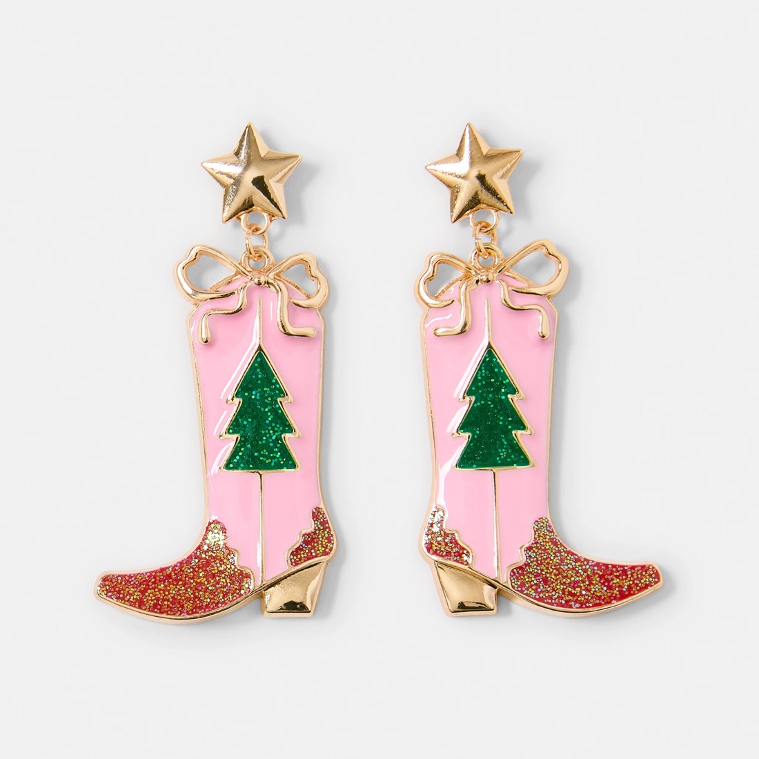 1 Christmas Cowboy Boot Earrings - Gold Tone and Pink, 1 of 5