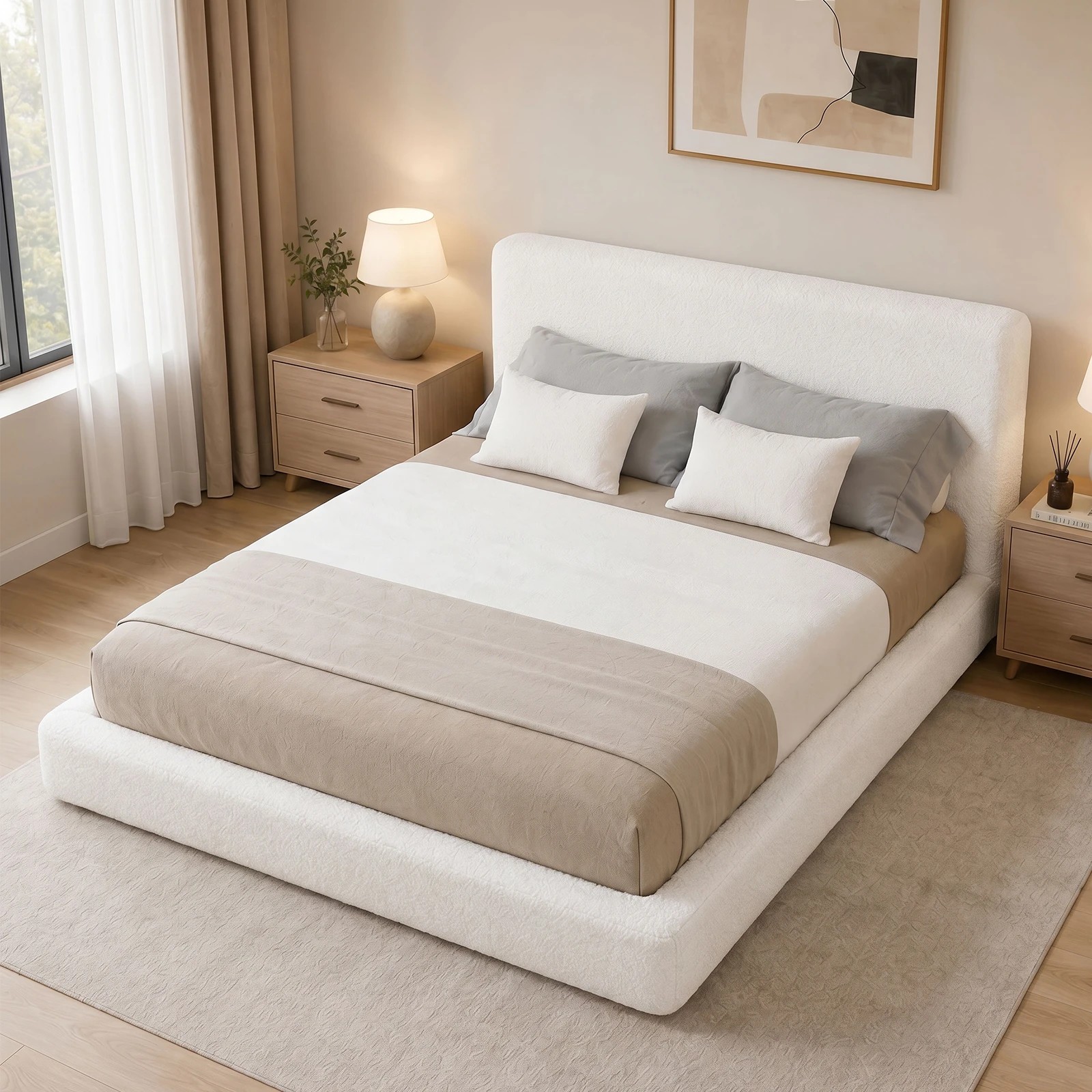 2 Advwin Queen Bed Frame with Boucle Fabric Headboard 8CM Foam Cushioned - White, 2 of 9