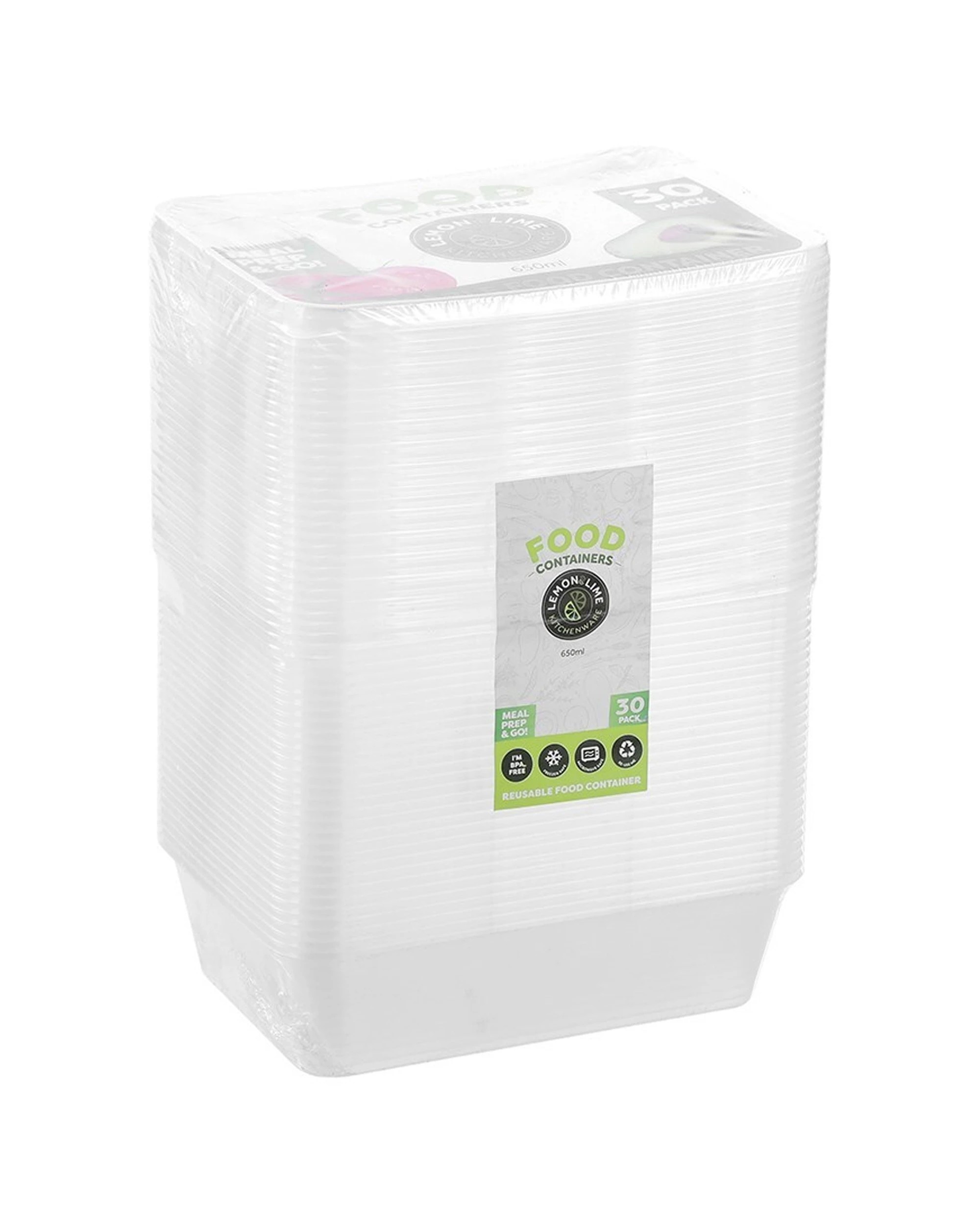 1 30pk Lemon & Lime Reusable 650ml Rectangle Food Container/storage W/ Lid Clear
 - Clear, 1 of 6