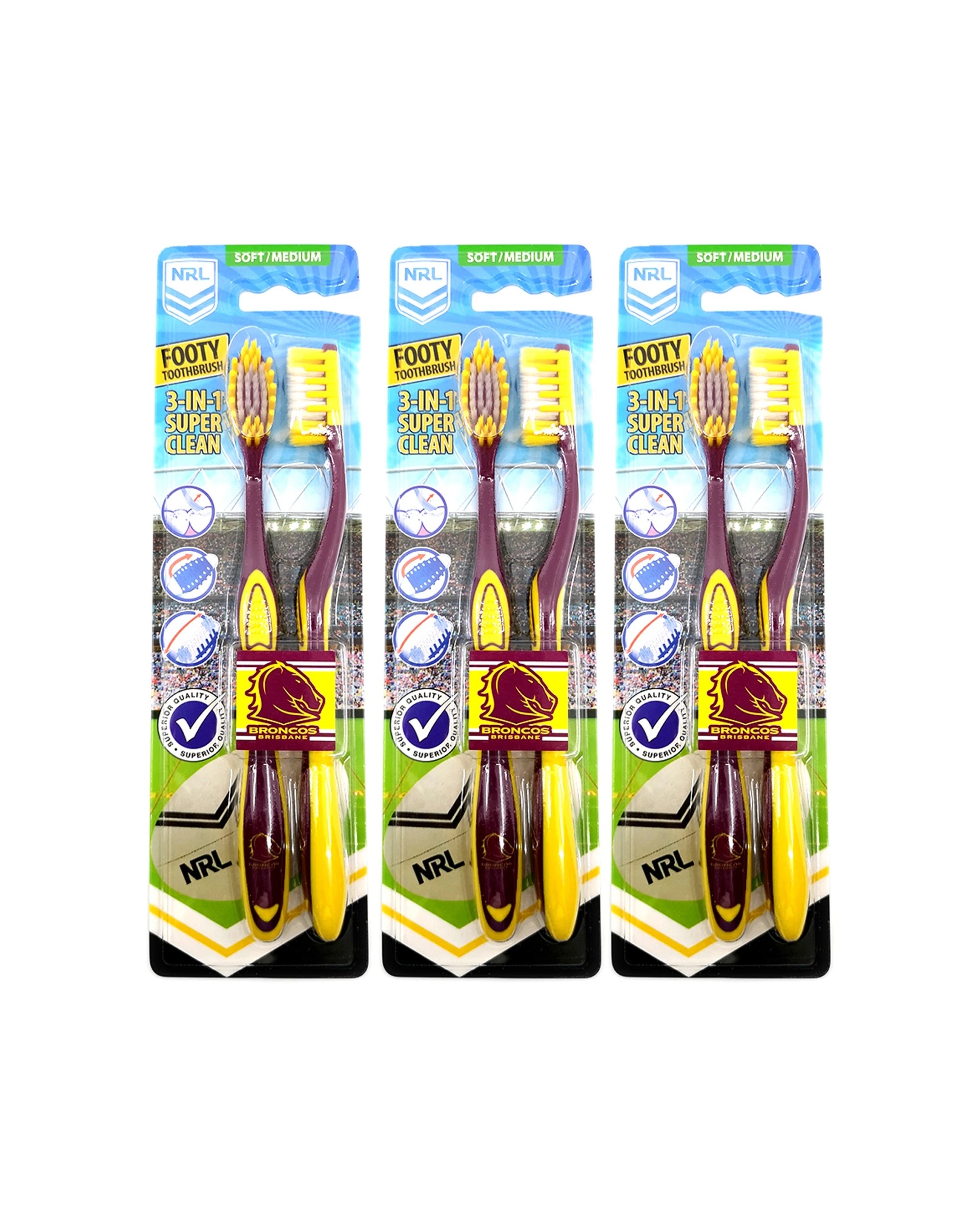 1 NRL 3x 2pc Brisbane Broncos Soft/Medium Toothbrush Kids/Adults Oral Care - Multi, 1 of 1