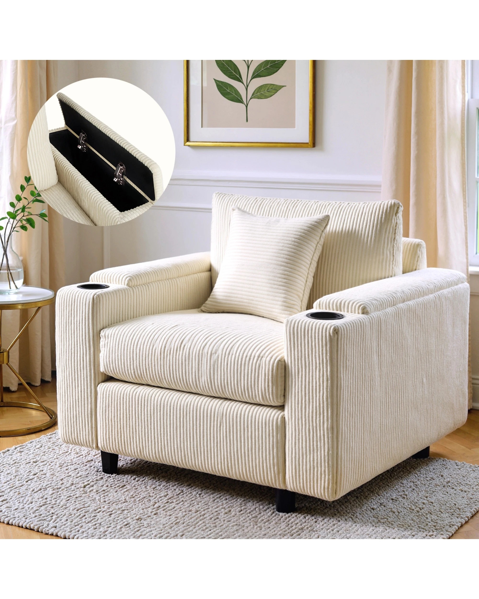 2 Advwin Single Sofa w/ Storage Armrests Corduroy Armchair w/ Cup Holder Modern Lounge Sofa Couch with Cushion, 2 of 9