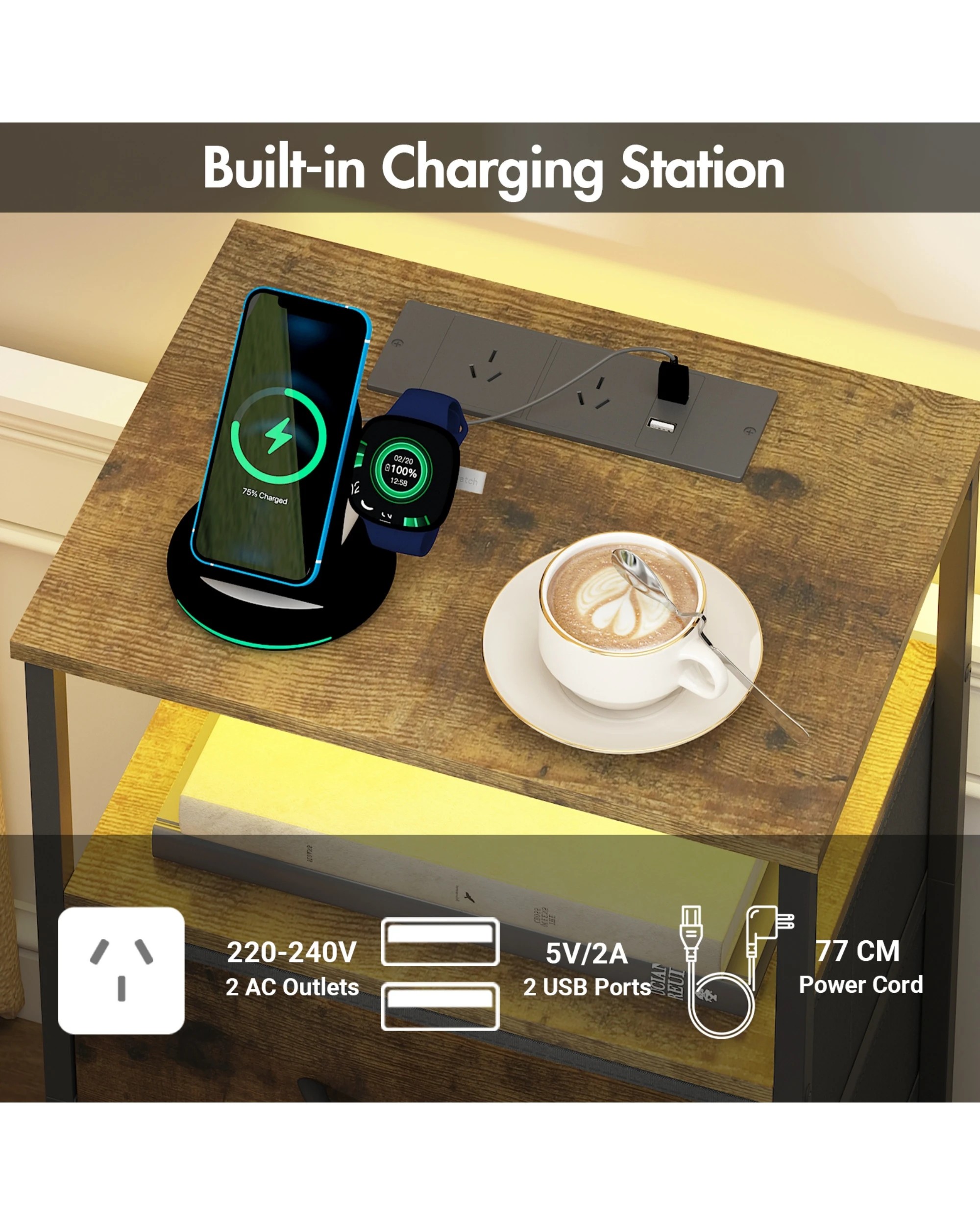 3 Advwin LED Bedside Table With Charging Station 3 Fabric Drawers Nightstand - Brown, 3 of 8