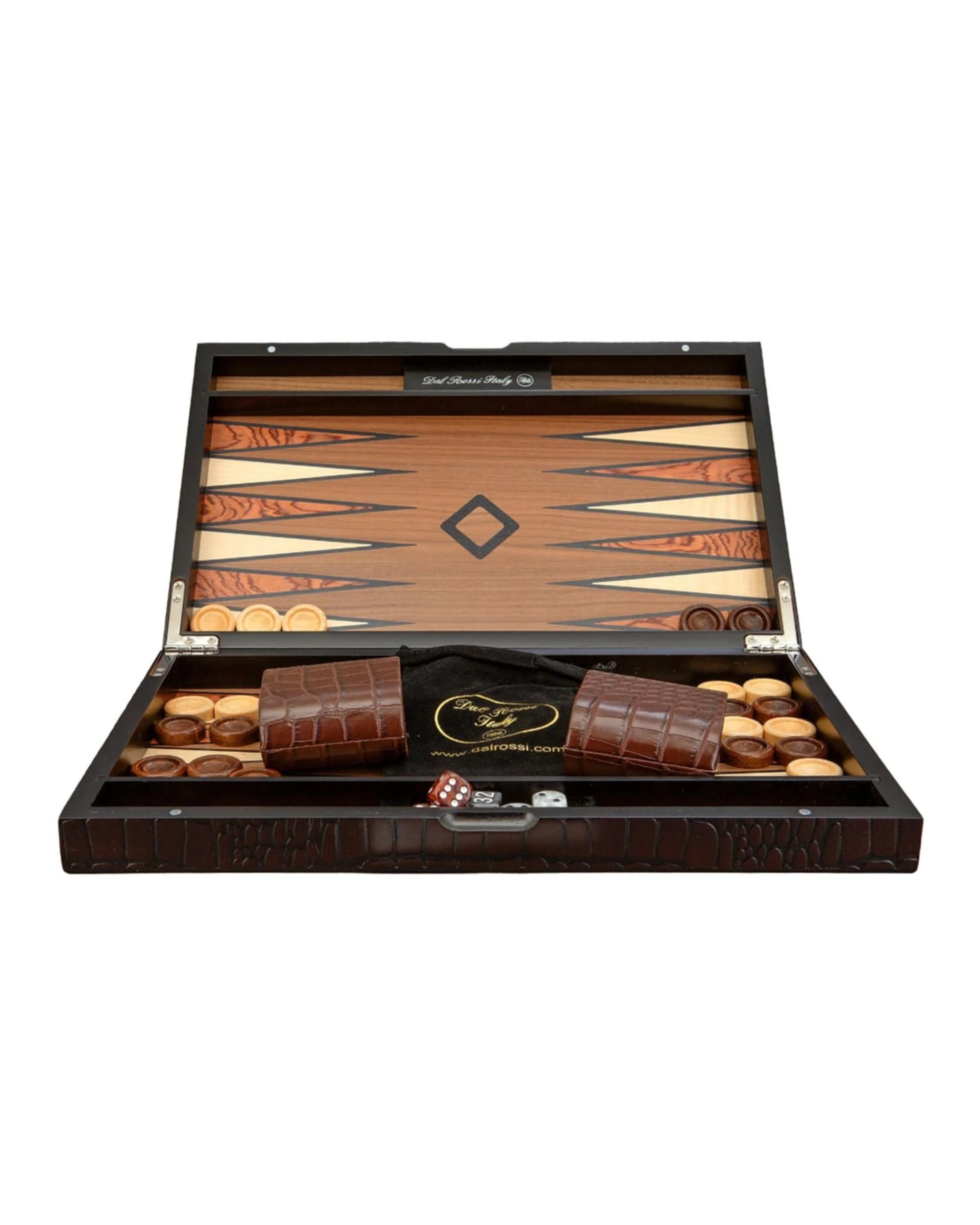 1 Dal Rossi Italy Backgammon Wooden 15 inch Crocodile Engraved Design Dark Brown, 1 of 3