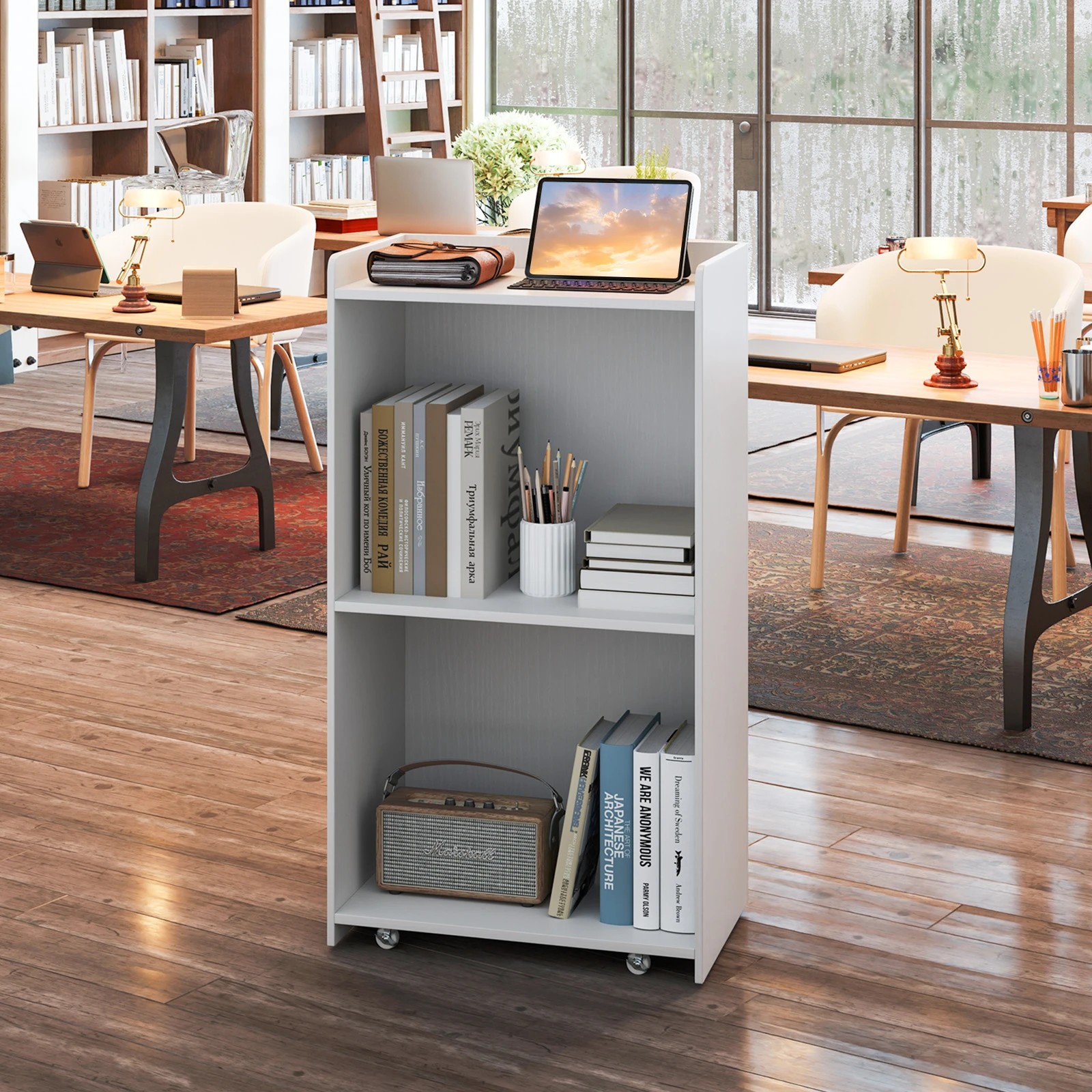 4 Costway 105cm Rolling Lectern Stand Presentation Podium w/Storage Shelves - White, 4 of 6