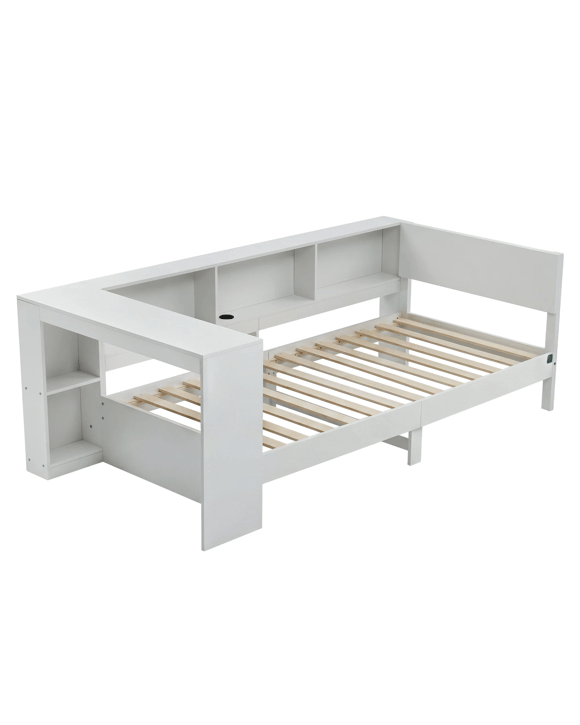 Artiss Single Solid Wood Corner Platform Bed Frame with Built-in Desk USB-C Charging Station - White - White