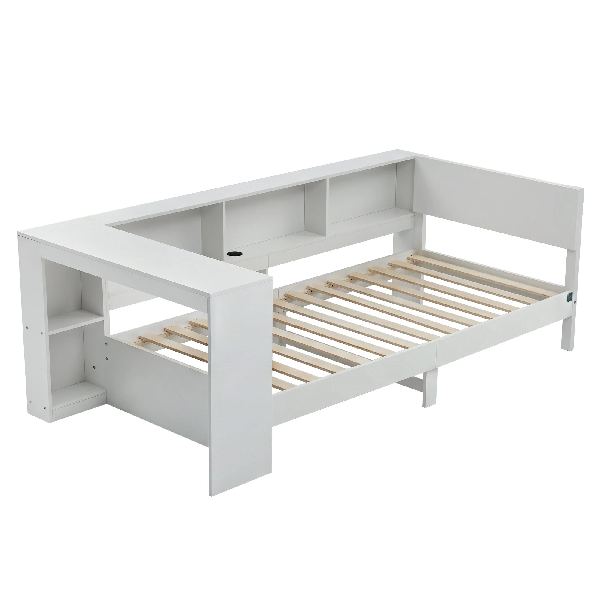 1 Artiss Single Solid Wood Corner Platform Bed Frame with Built-in Desk USB-C Charging Station - White, 1 of 8