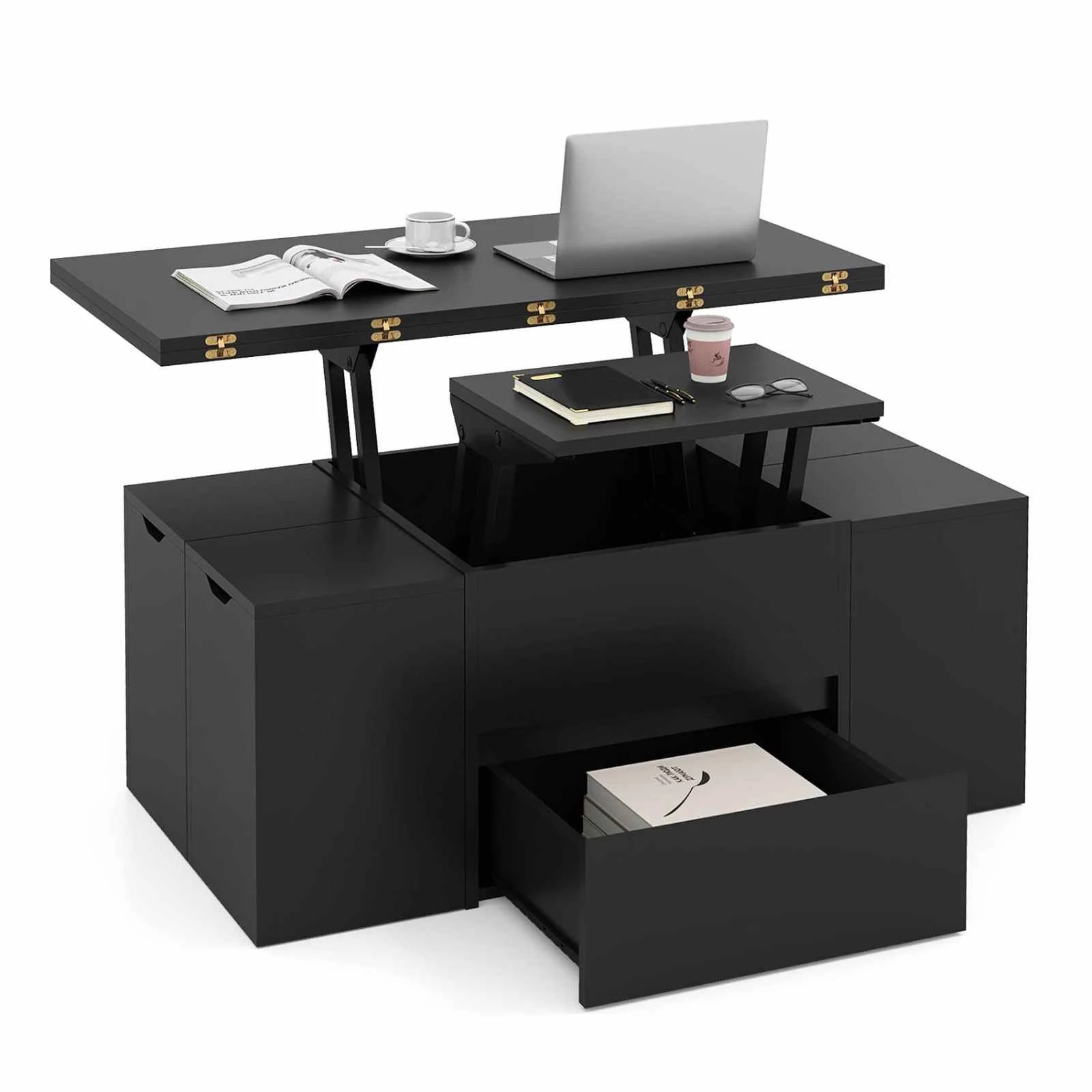 5 Costway Lift Top Coffee Table w/4 Storage Stool 3-in-1 Expandable Center Table - Black, 5 of 5