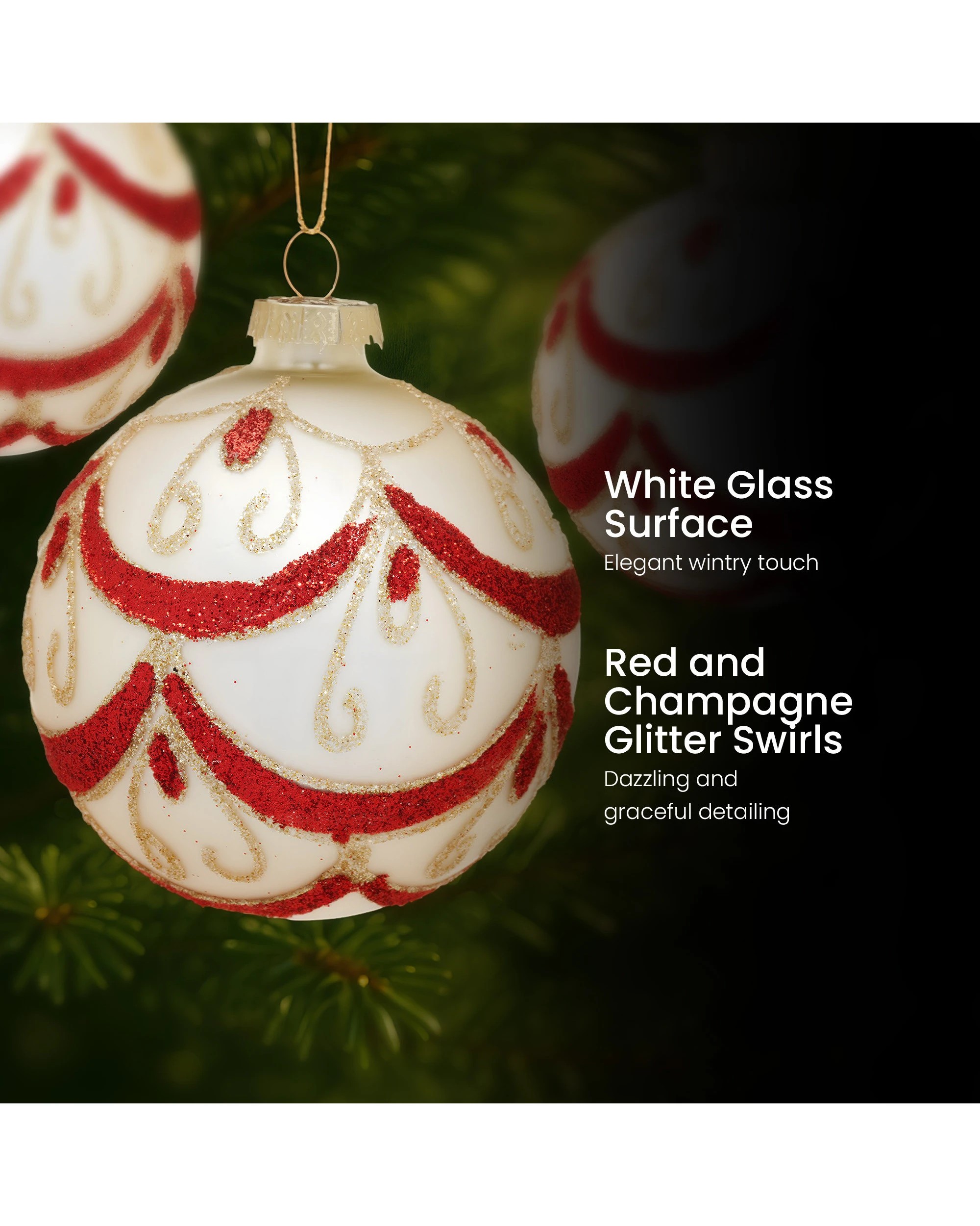 7 Christabelle White Glass Baubles 6Pcs with Red and Champagne Sparkle Swirls Balls Christmas Tree Decoration Ornament, 7 of 8