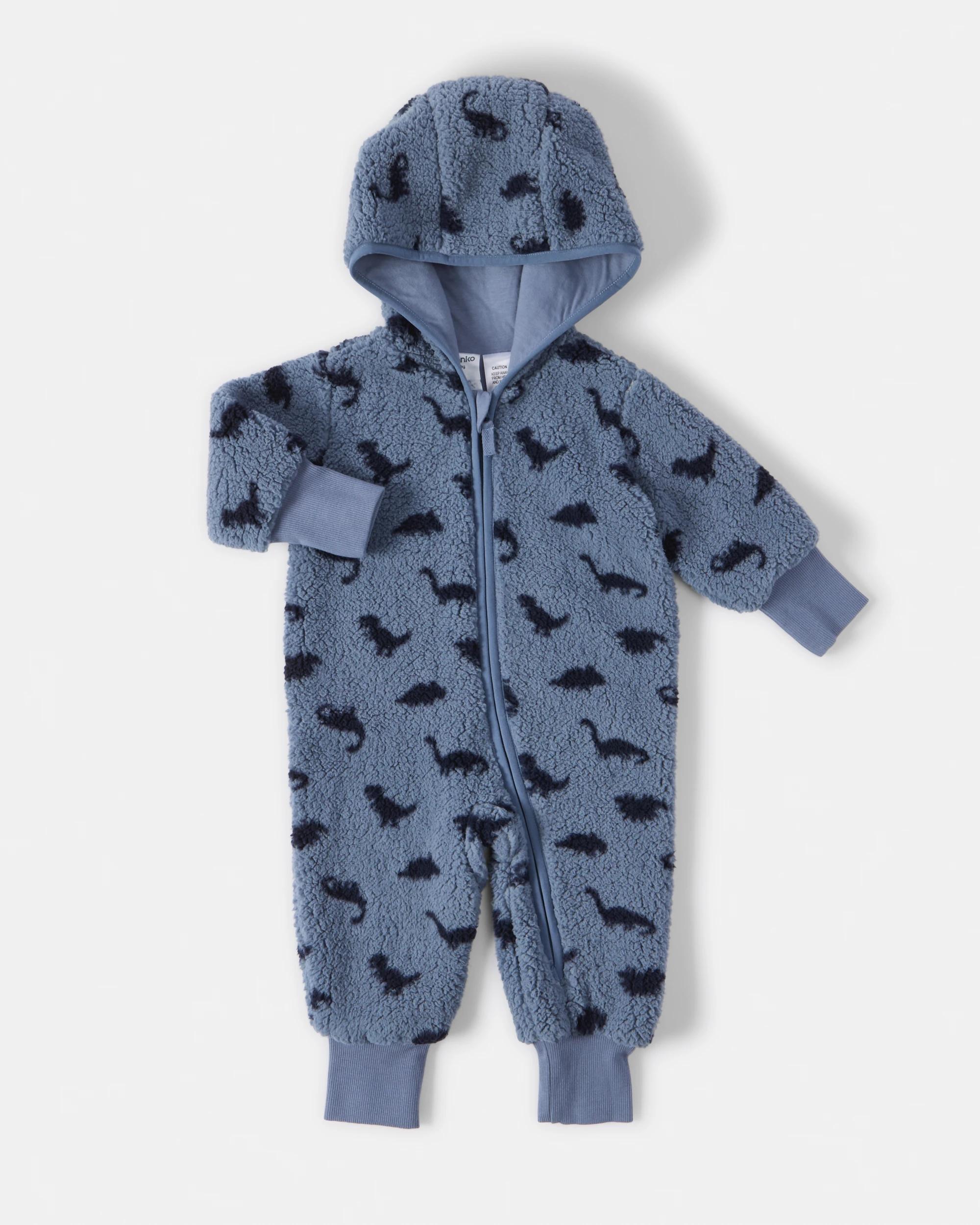 1 Printed Fluffy Pramsuit Blu Dino, 1 of 4