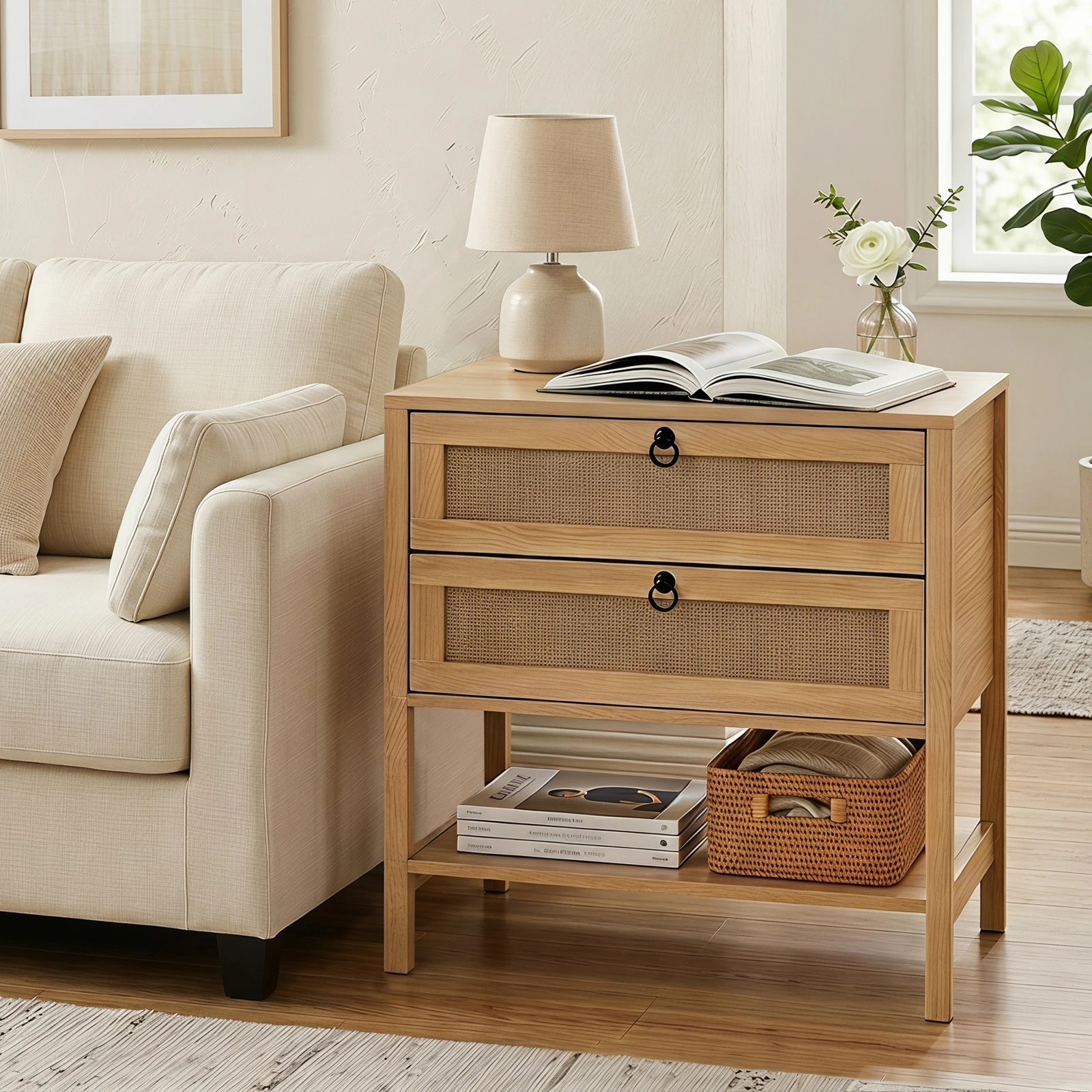 3 Costway Boho Sofa Side Table Rattan Nightstand Bedside Table - Natural, 3 of 5