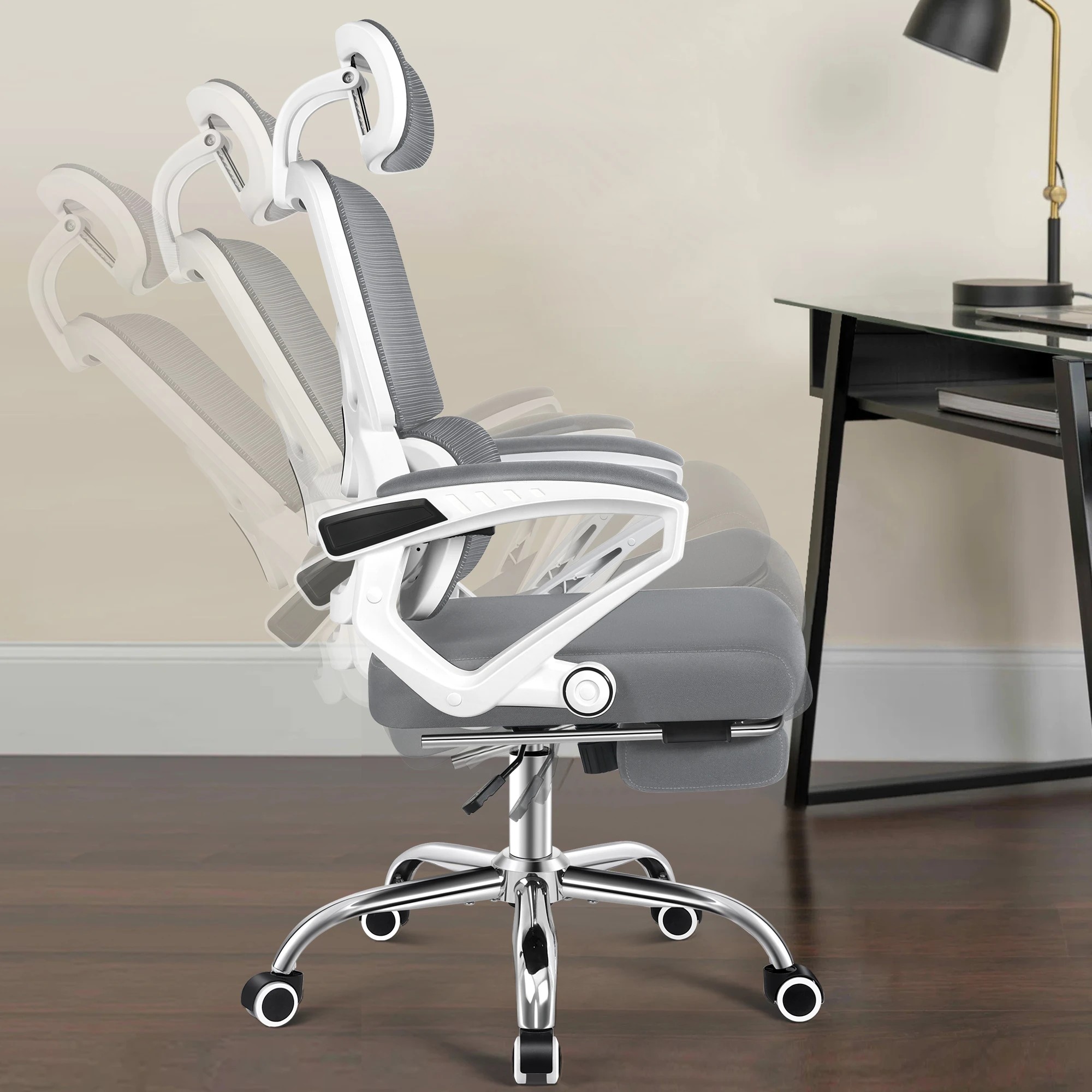 7 Alfordson Mesh Office Chair Racing Ergonomic Executive Computer Recliner Work - White Grey, 7 of 10