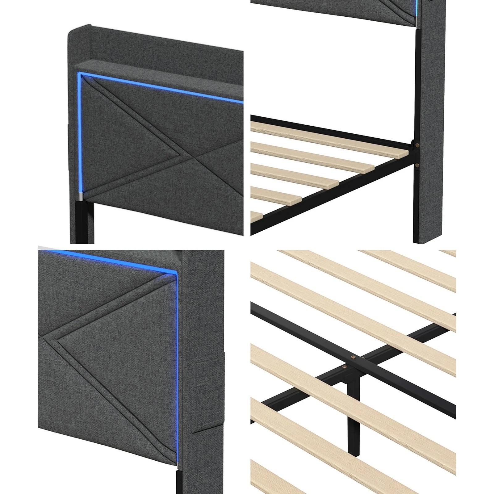 4 Oikiture Bed Frame Double Size RGB LED Storage Headboard 4 Drawers USB Charge - Grey, 4 of 5