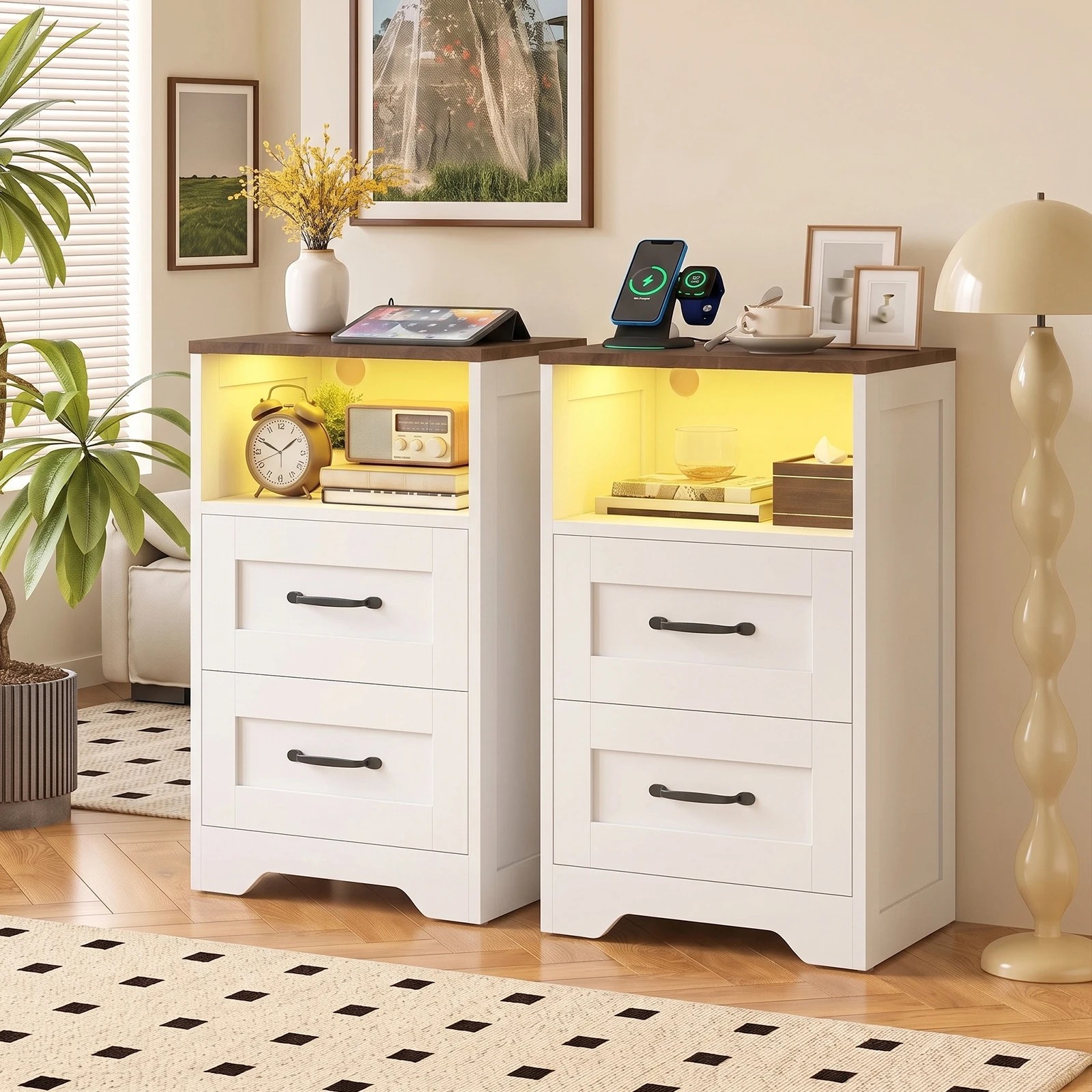 2 Advwin Set of 2 Farmhouse Bedside Table with 2 Drawers, Charging Station & LED Light - White, 2 of 8
