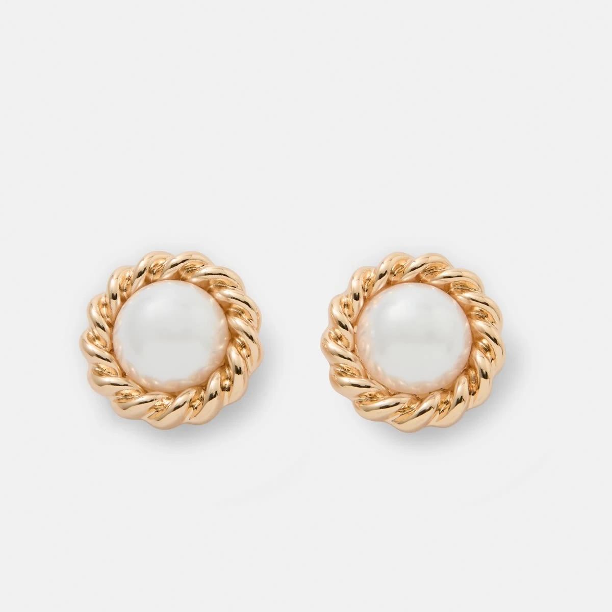 1 Faux Pearl Twist Stud Earrings - Gold Tone Gold, 1 of 4