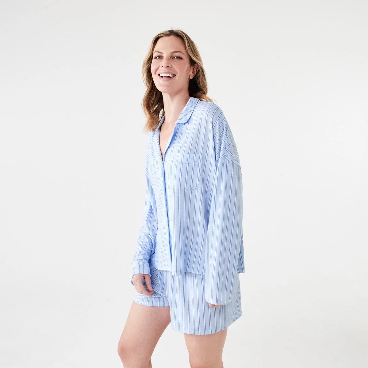 2 Long Sleeve Top and Shorts Comfort Pyjama Set TONAL STRIPE HALOGEN BLUE, 2 of 8
