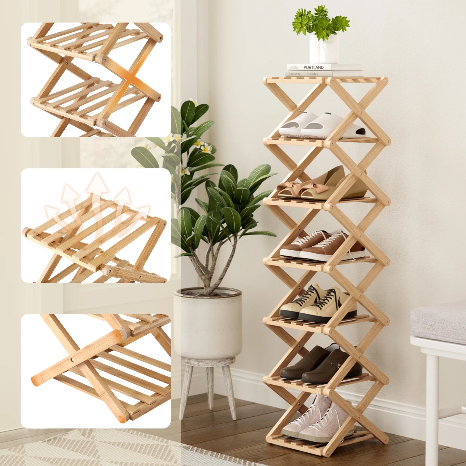 5 Artiss 7 Tier Bamboo Foldable Shoe Rack Organizer - Natural, 5 of 9