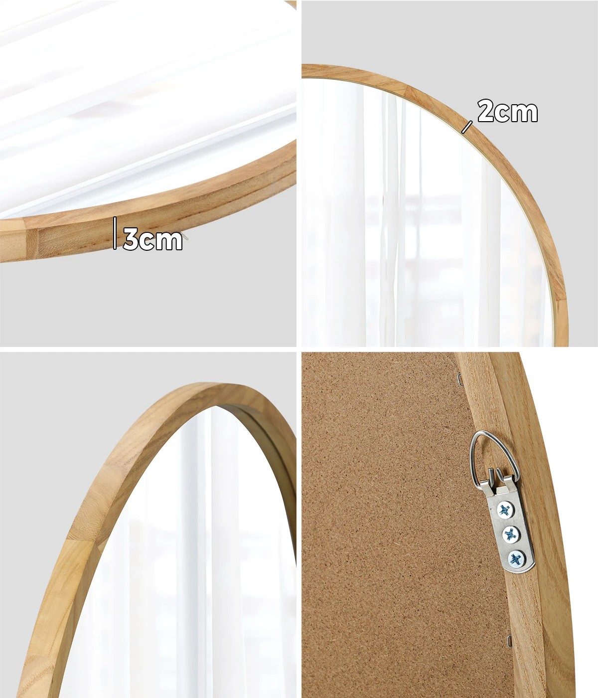 4 Oikiture Wall Mirrors Round Makeup Mirror Vanity Home Decor 50cm Wooden
 - Natural, 4 of 9