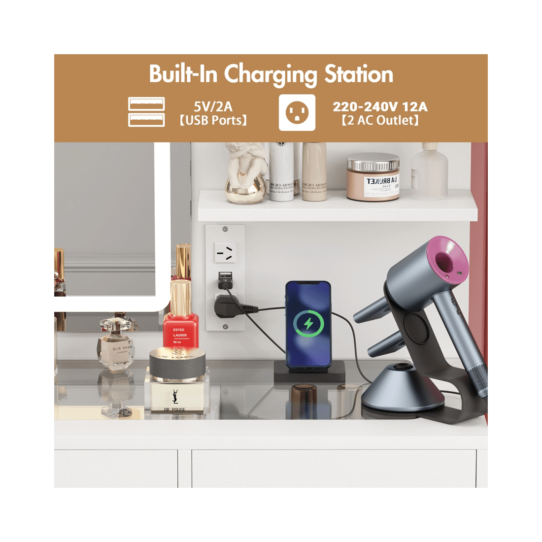 5 Advwin Dressing Table Stool Set Charging Station Lights Glass Tabletop Vanity Desk
 - White, 5 of 10