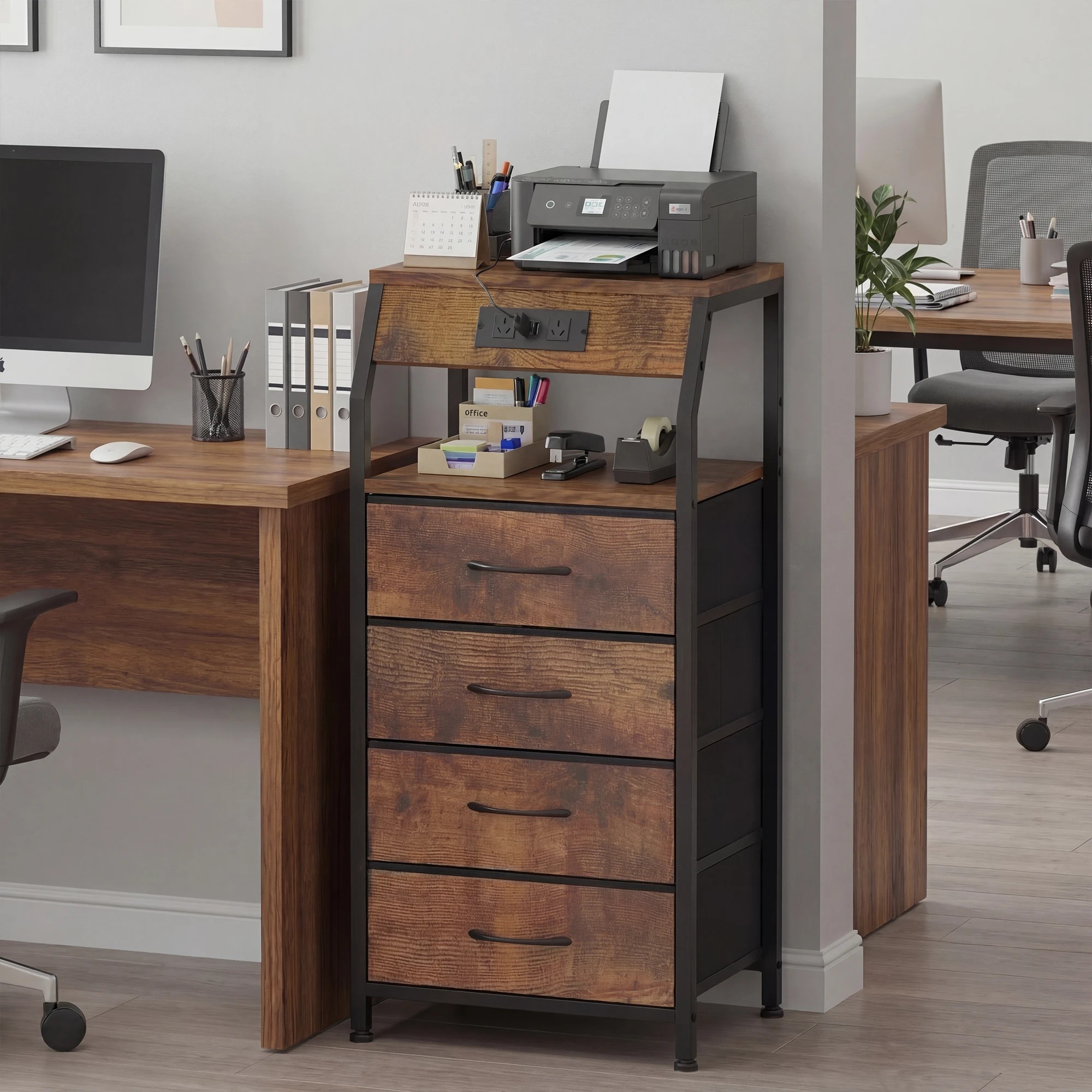 9 Advwin Set of 2 Bedside Table with Charging Station 4 Fabric Drawers Nightstand - Brown, 9 of 10