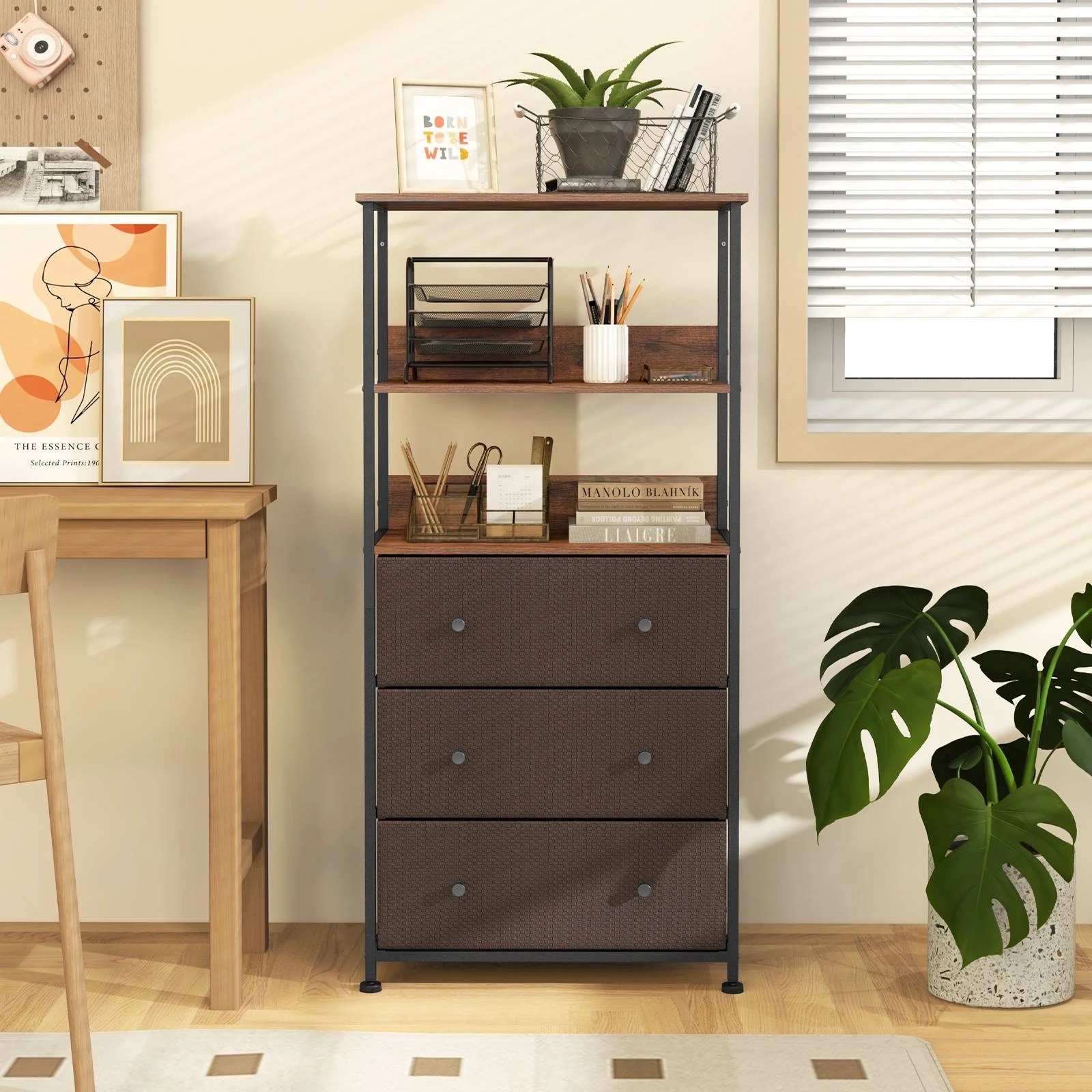 3 Costway 3 Fabric Drawers Dresser Chest of Drawers Open Shelf Storage Organiser, 3 of 4
