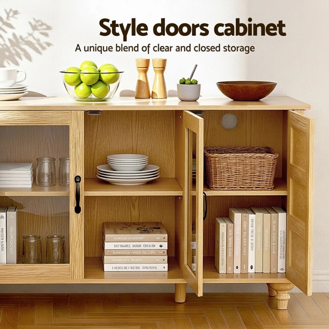 6 Artiss Buffet Sideboard Storage Cabinet Kitchen Cupboard Faux Drawer 150CM Pine - Pine, 6 of 7