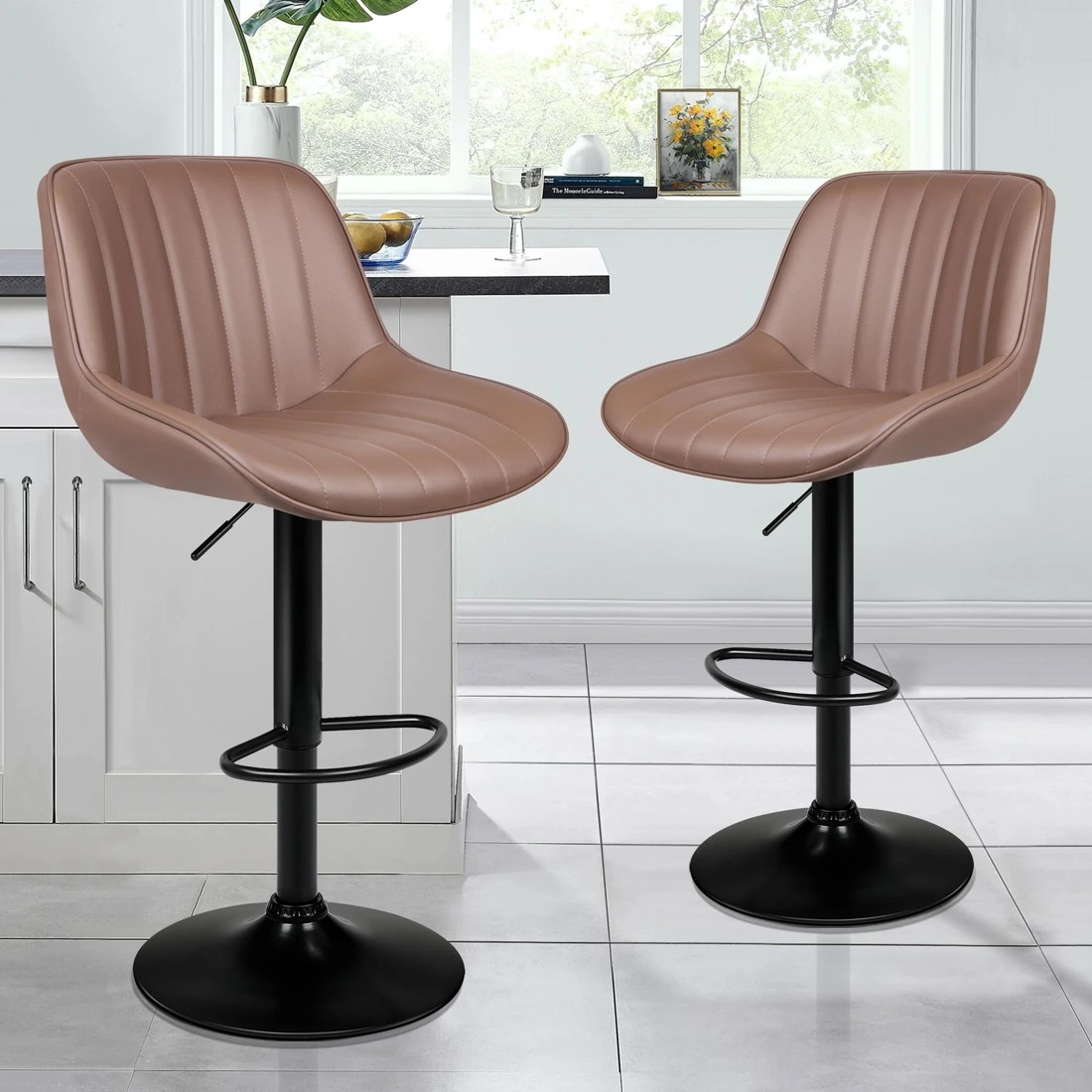 9 Alfordson 2x Bar Stools Gas Lift Leather Bar Chairs Kitchen Swivel Wendy - Brown, 9 of 9