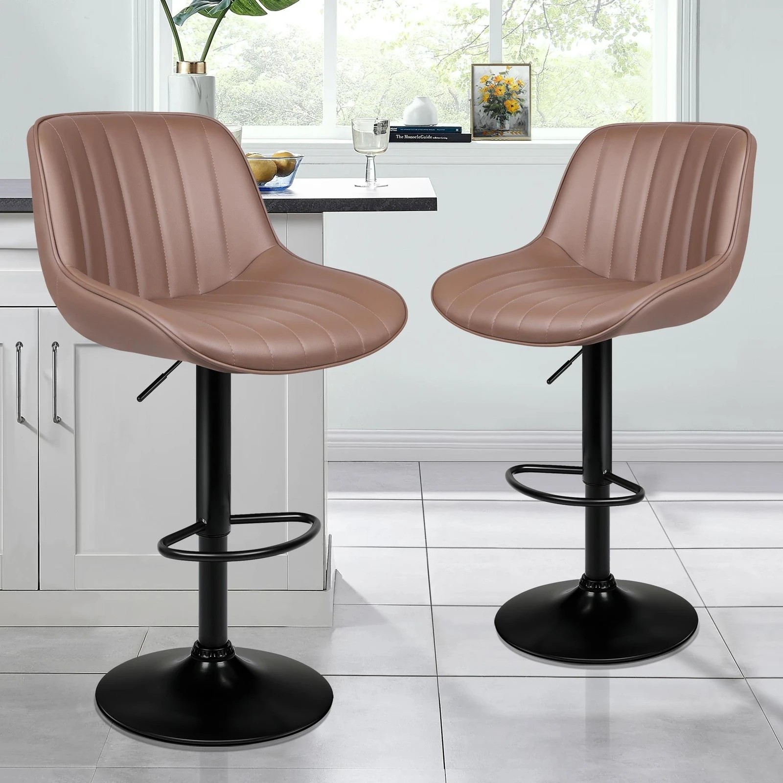 9 Alfordson 2x Bar Stools Gas Lift Leather Bar Chairs Kitchen Swivel Wendy - Brown, 9 of 9