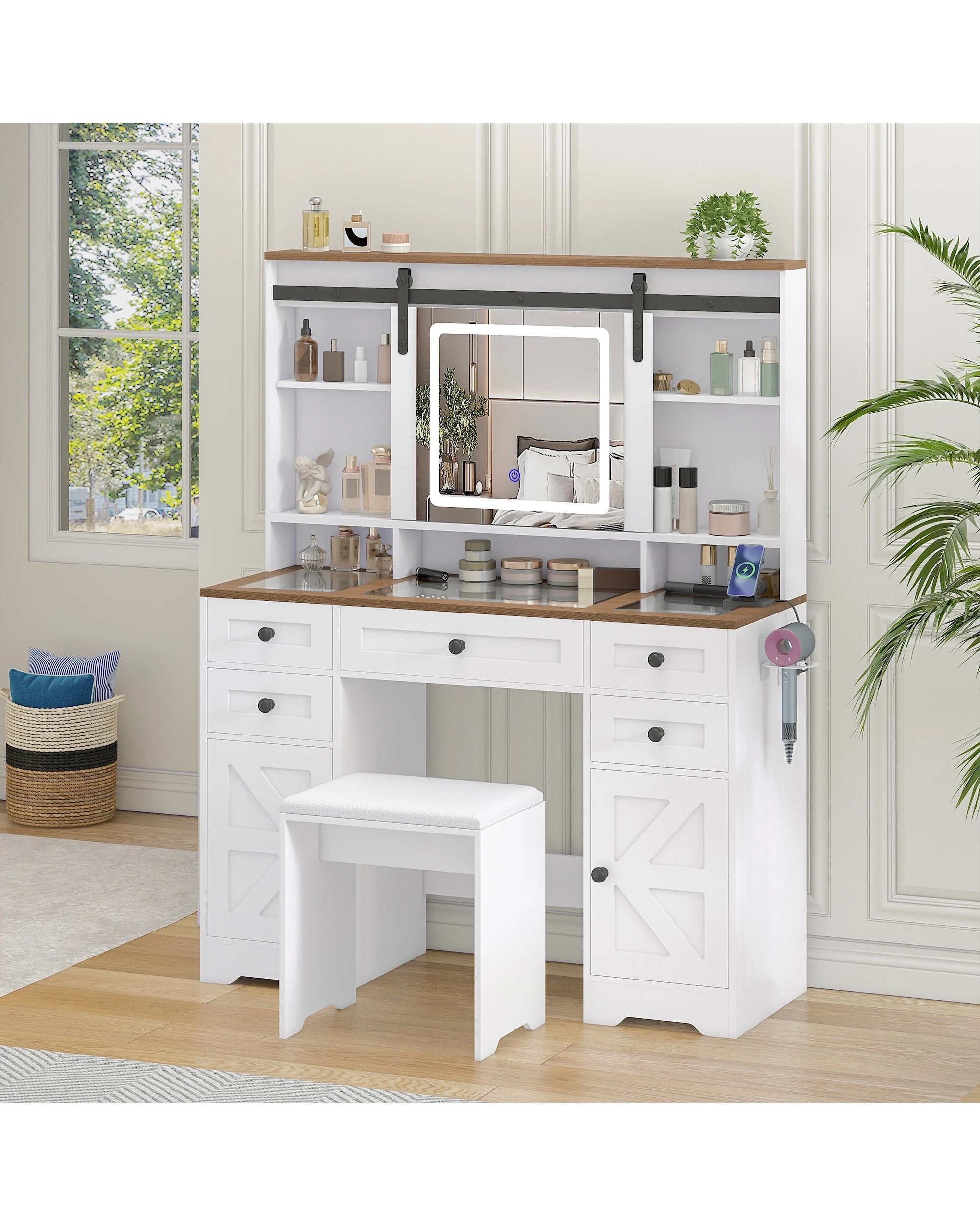 8 Advwin Farmhouse Makeup Vanity Desk with LED Mirror Glass Tabletop & Charging Station - White, 8 of 9