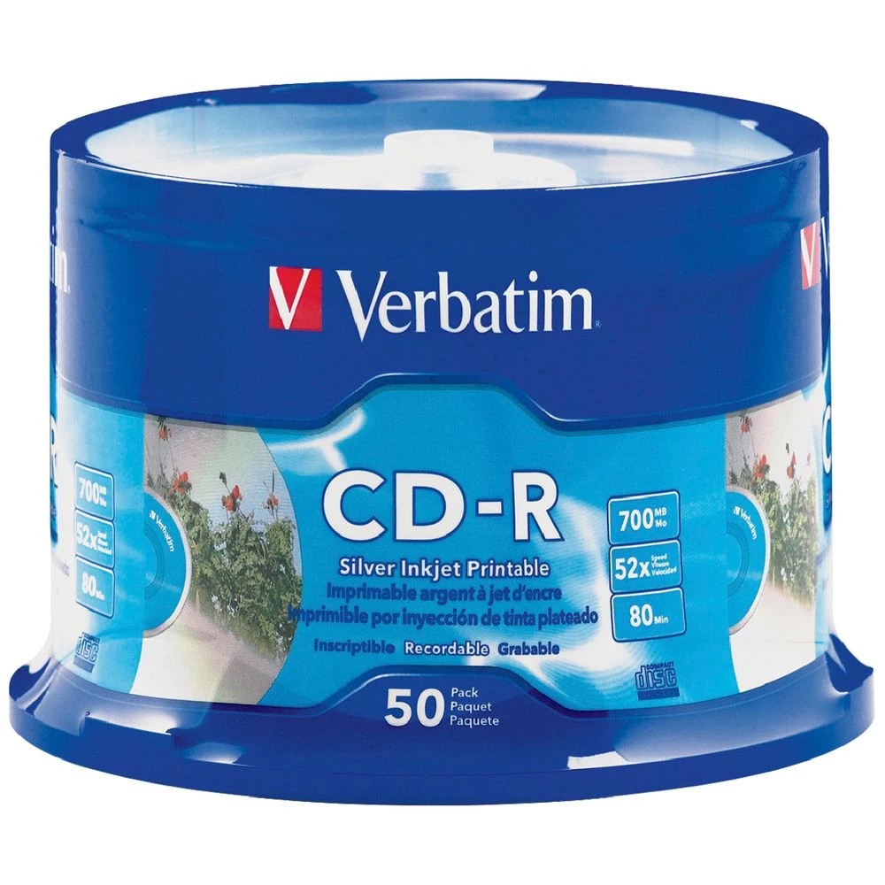 1 Verbatim CD-R 700MB 52x Silver Inkjet Spindle 50 Pack, 1 of 1