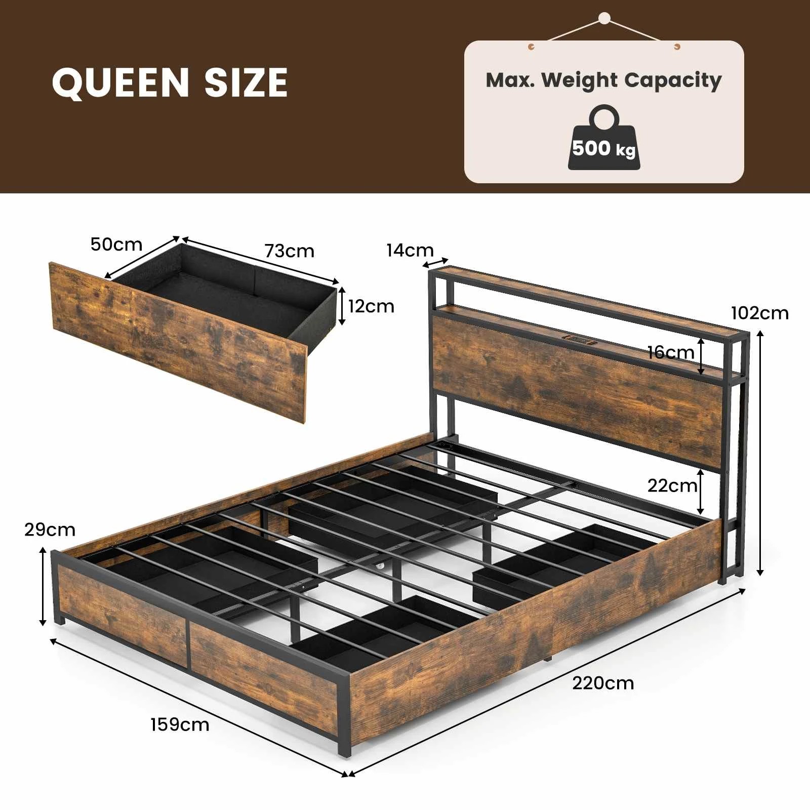 4 Costway Queen Size Metal Bed Frame LED Bed Base w/Drawers, 4 of 8