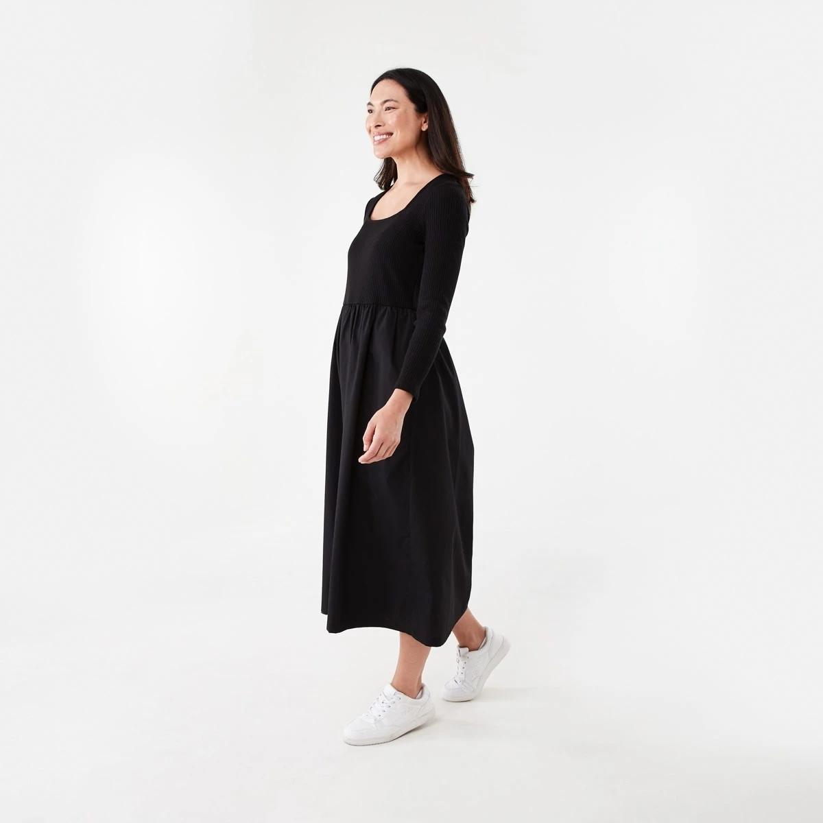 2 Long Sleeve Knit Woven Midi Dress Black, 2 of 7