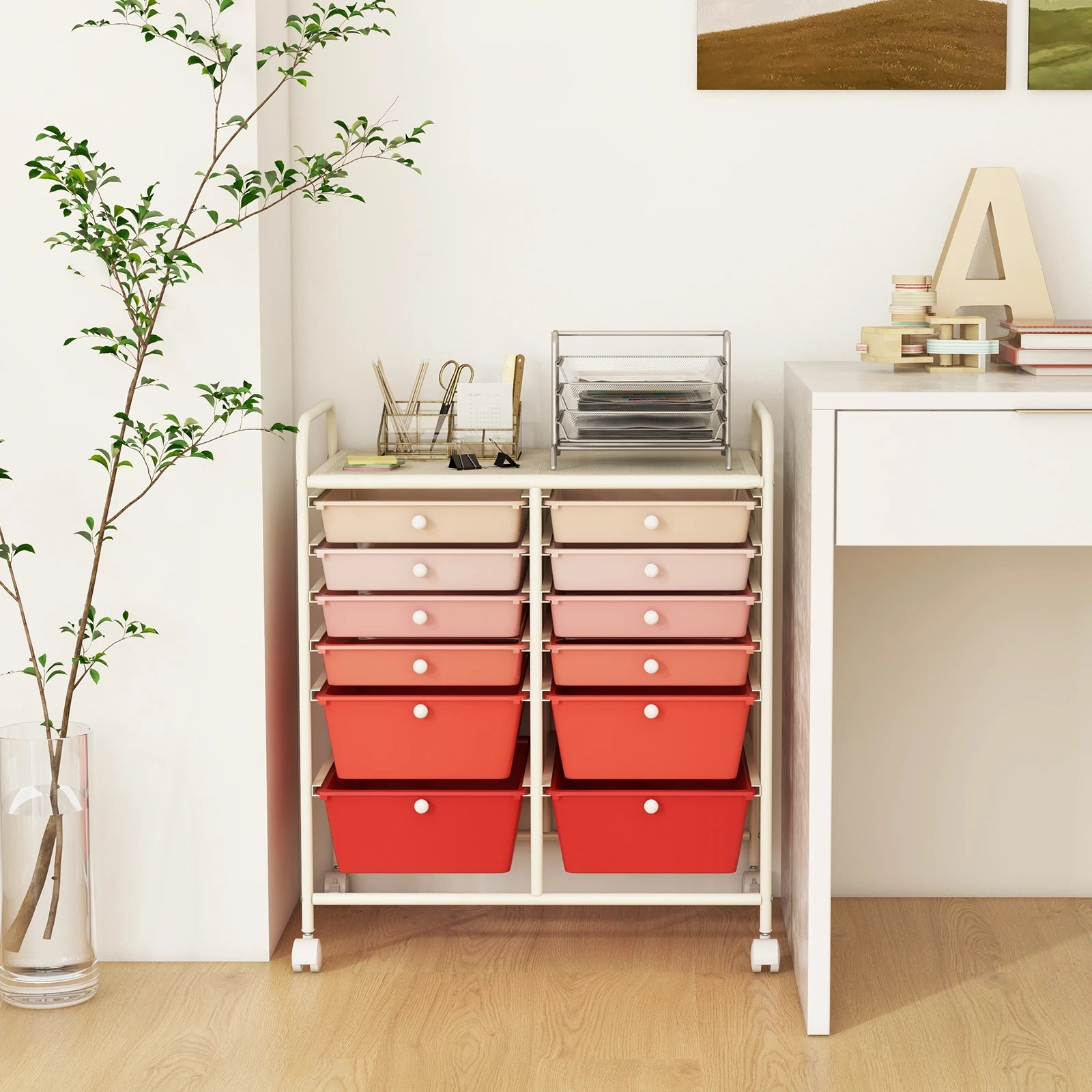 4 Costway 12 Drawers Rolling Storage Trolley Cart Filing Organizer - Pink, 4 of 5