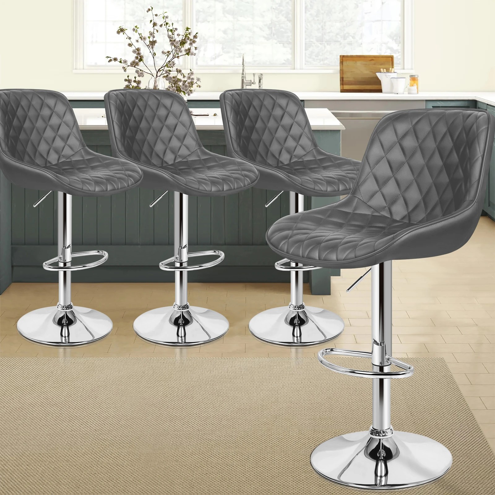 9 Alfordson 4x Bar Stools Gas Lift Leather Bar Chairs Kitchen Swivel - Grey, 9 of 10