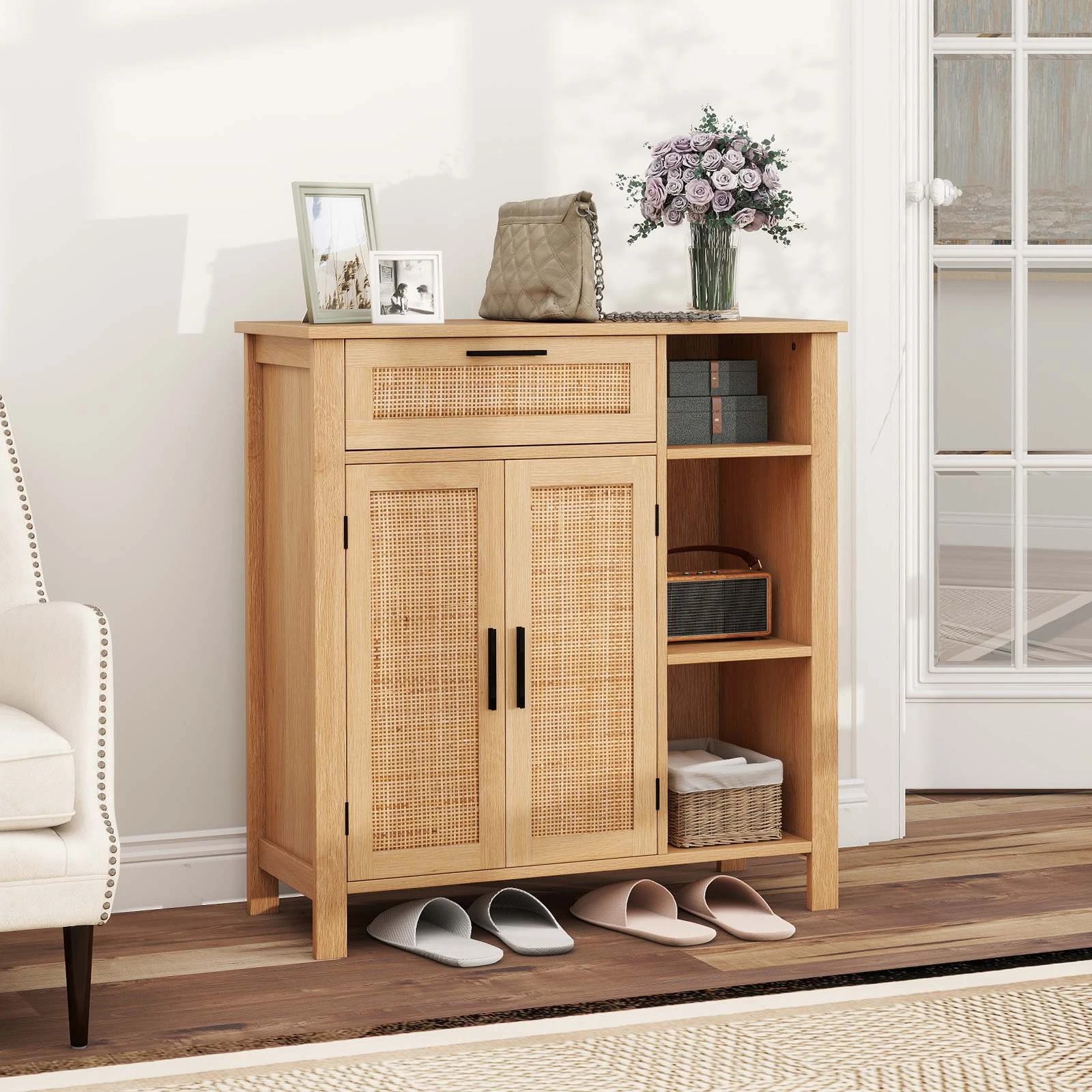 2 Costway Buffet Sideboard Hallway Storage Cabinet w/Rattan Doors - Natural, 2 of 3
