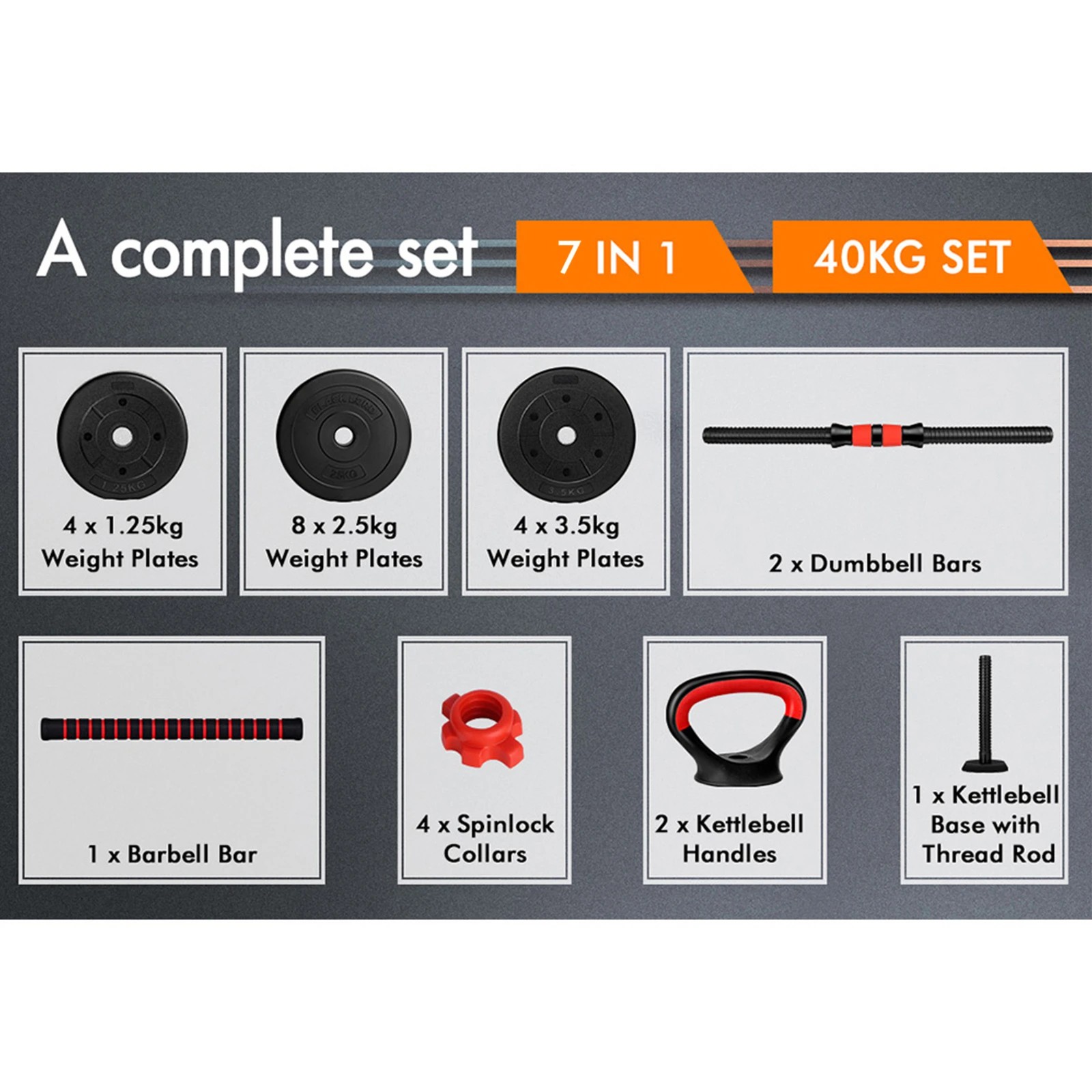 6 Black Lord Dumbbell Set 7in1 Adjustable Barbell Kettlebell Home Gym Fitness 40kg, 6 of 9
