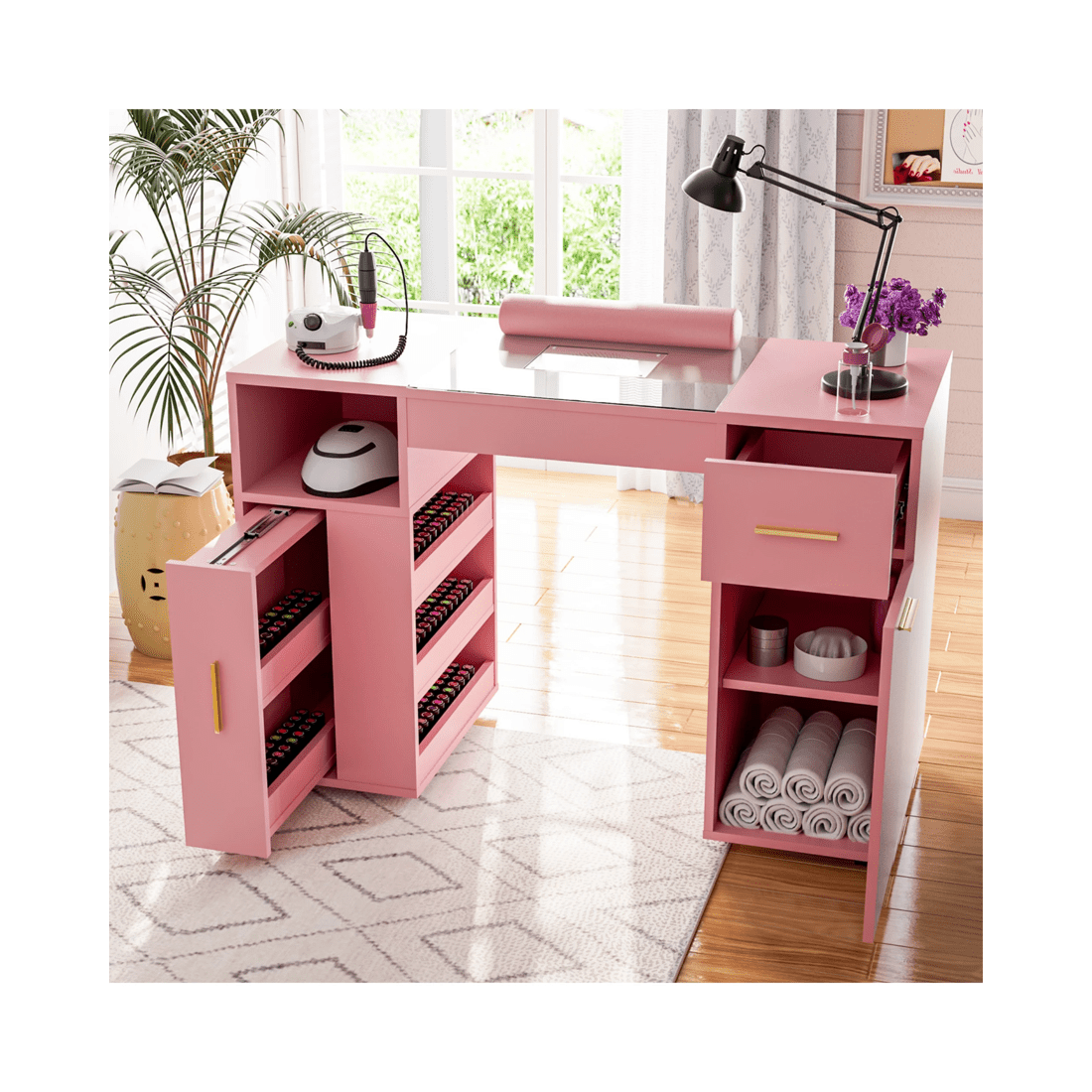 2 Advwin Manicure Table Vanity Desk With Dust Collector Glass Top Storage Cabinet
 - Pink, 2 of 9