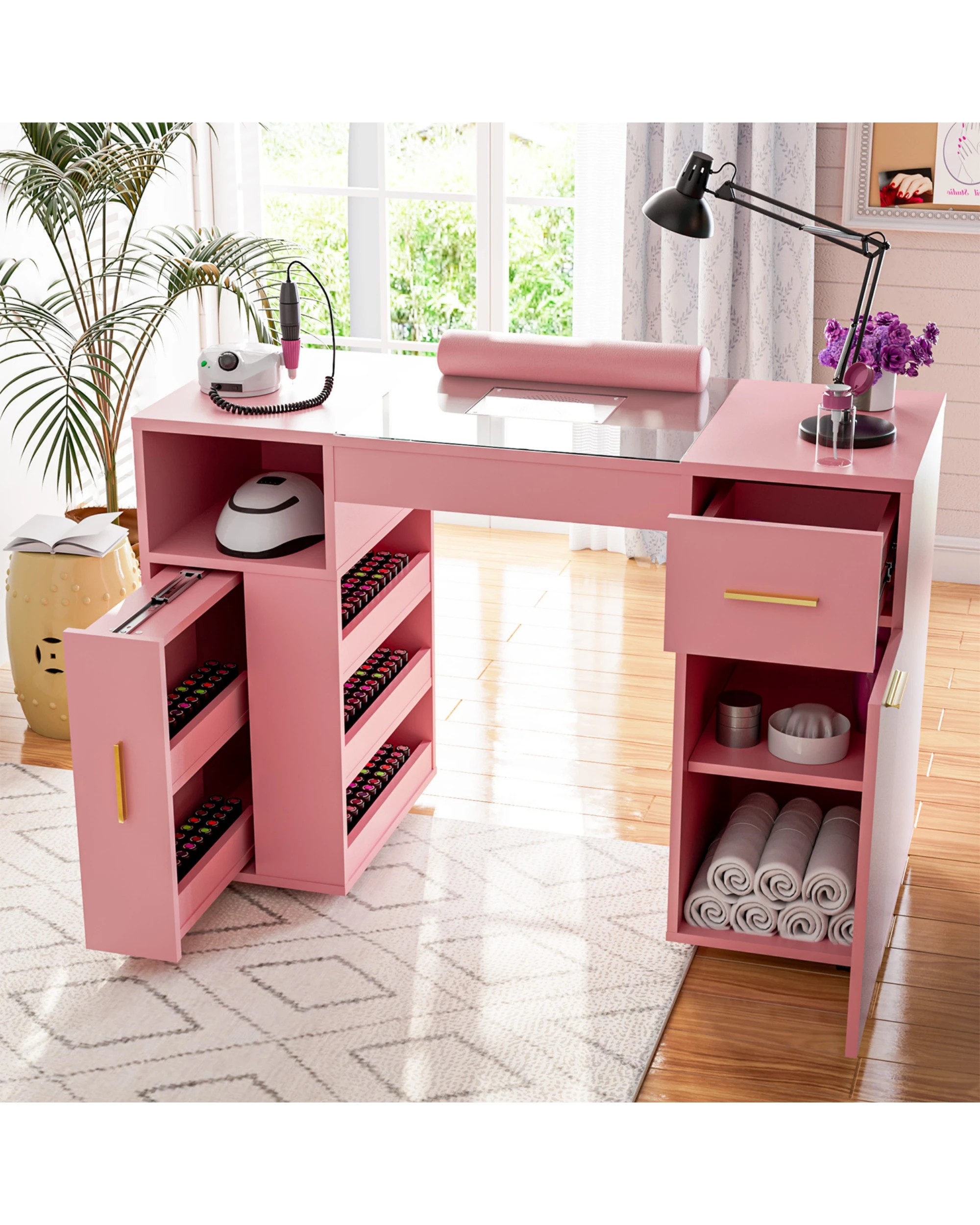 2 Advwin Manicure Table Vanity Desk With Dust Collector Glass Top Storage Cabinet
 - Pink, 2 of 9