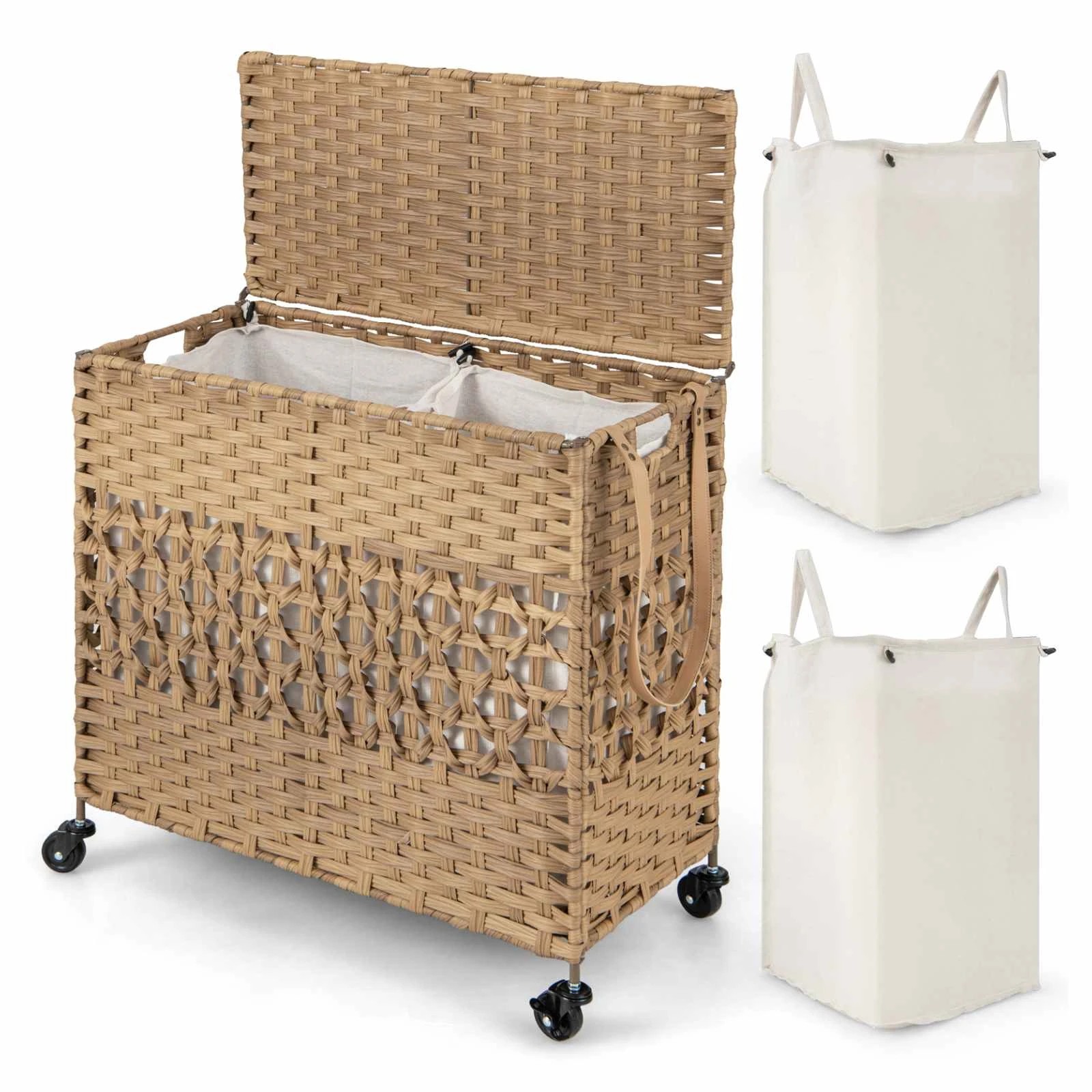 1 Costway 110L Rolling Laundry Hamper w/Lid Folding Rattan Clothes Basket - Natural, 1 of 3