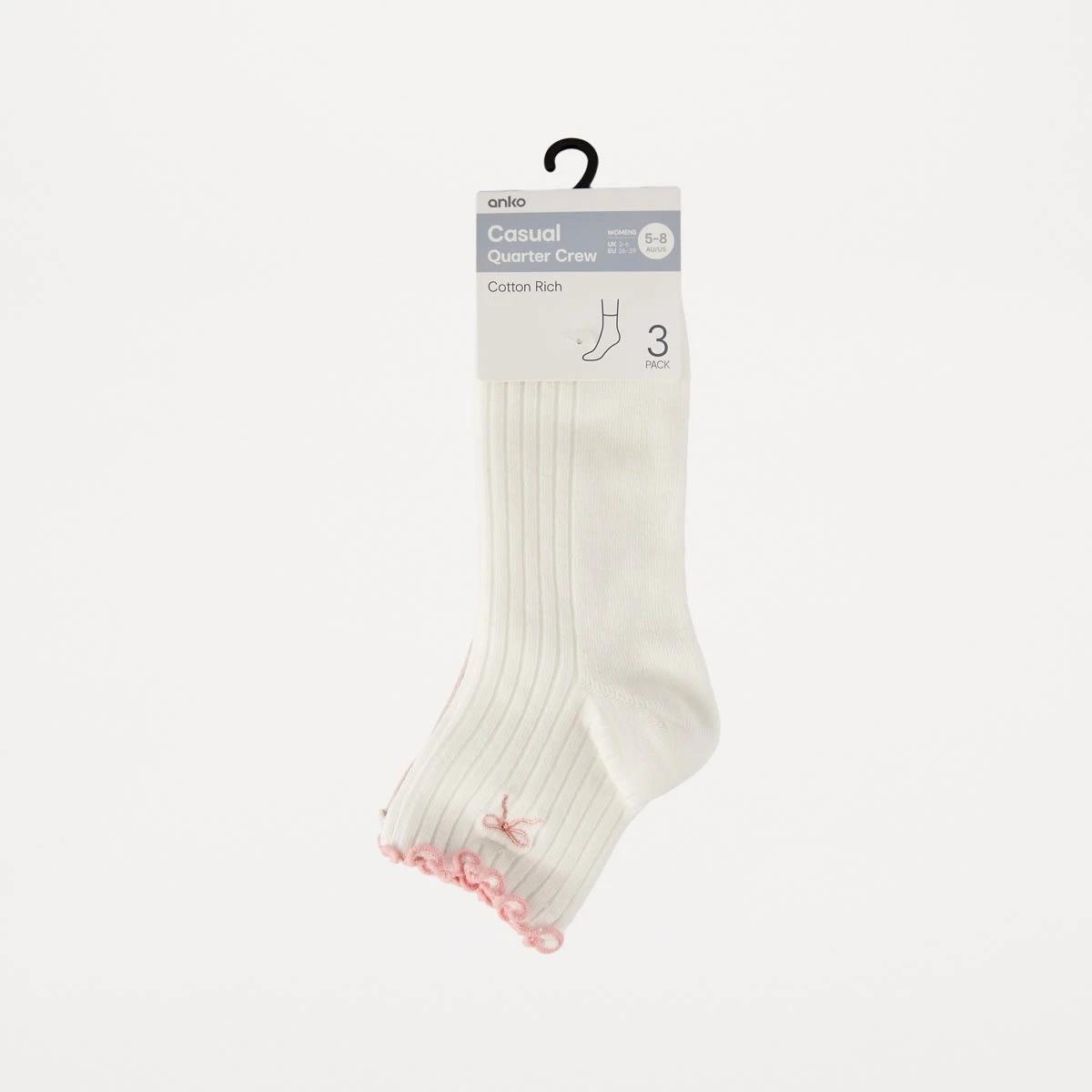 3 3 Pack Frill Quarter Crew Embroidery Socks BOW BERRY ROSE SMOKE, 3 of 3