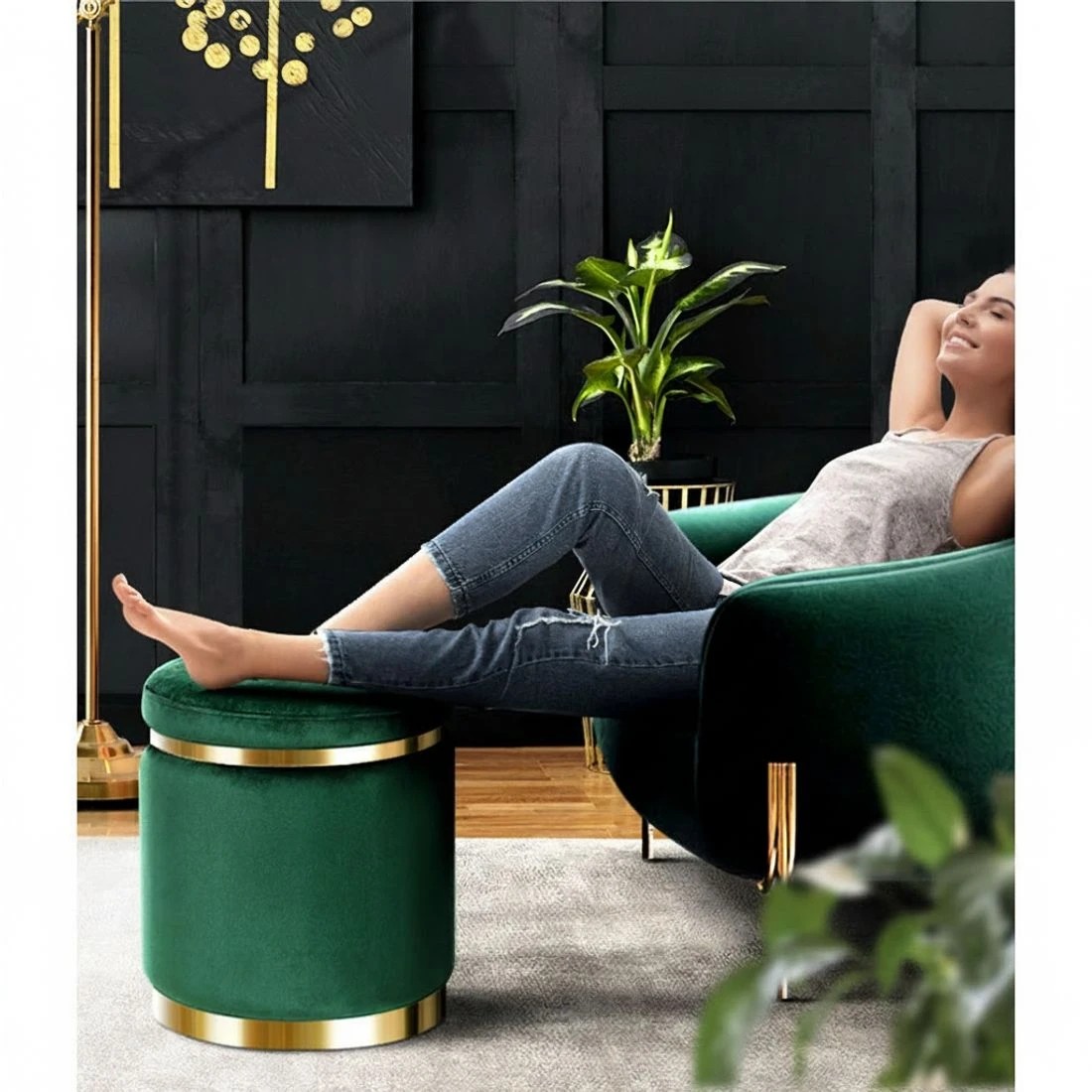 3 Artiss Ottoman Foot Stool Round Velvet Green - Green, 3 of 5