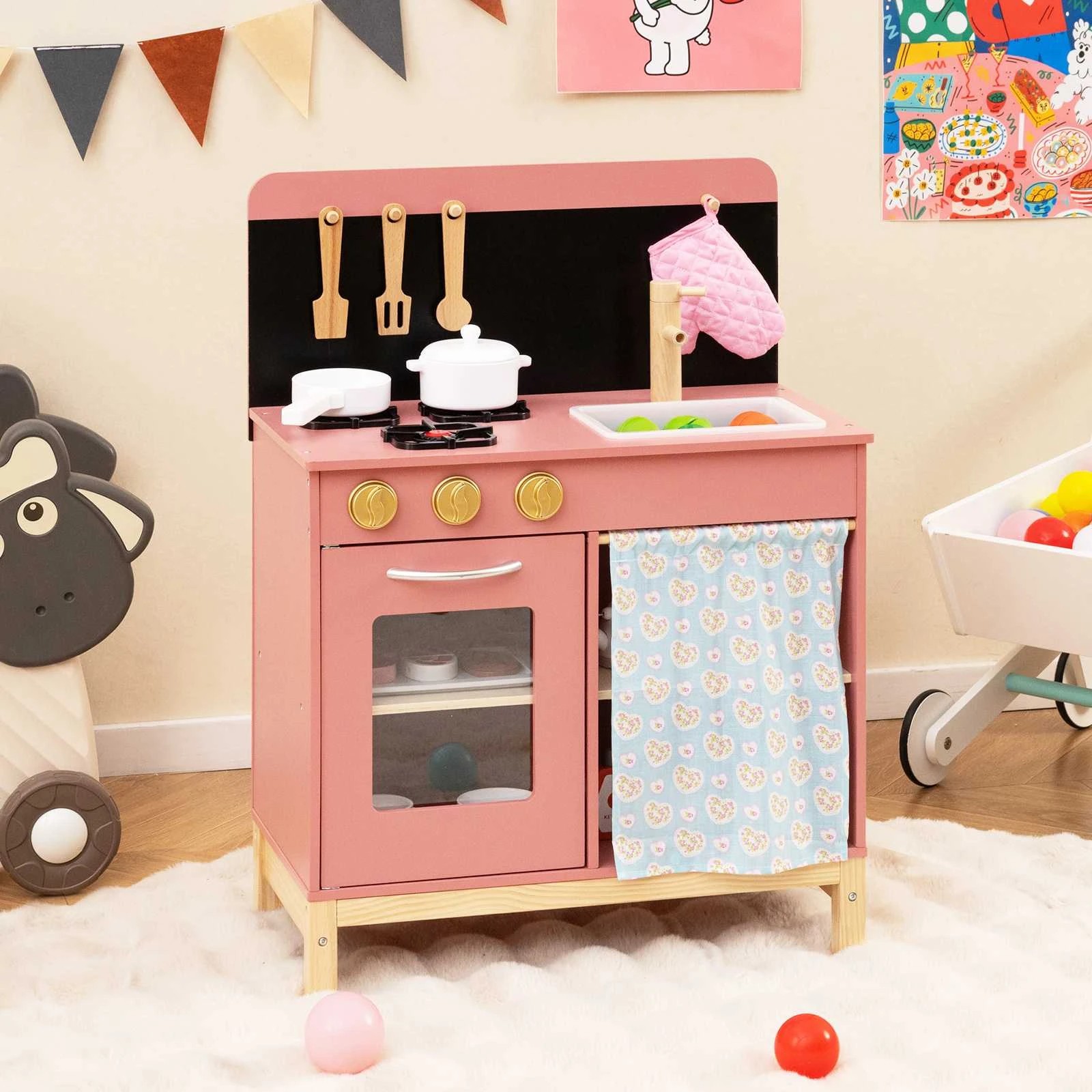 1 Costway Kitchen Playset Wooden Pretend Cooking Toy w/Door Curtain - Multi, 1 of 1