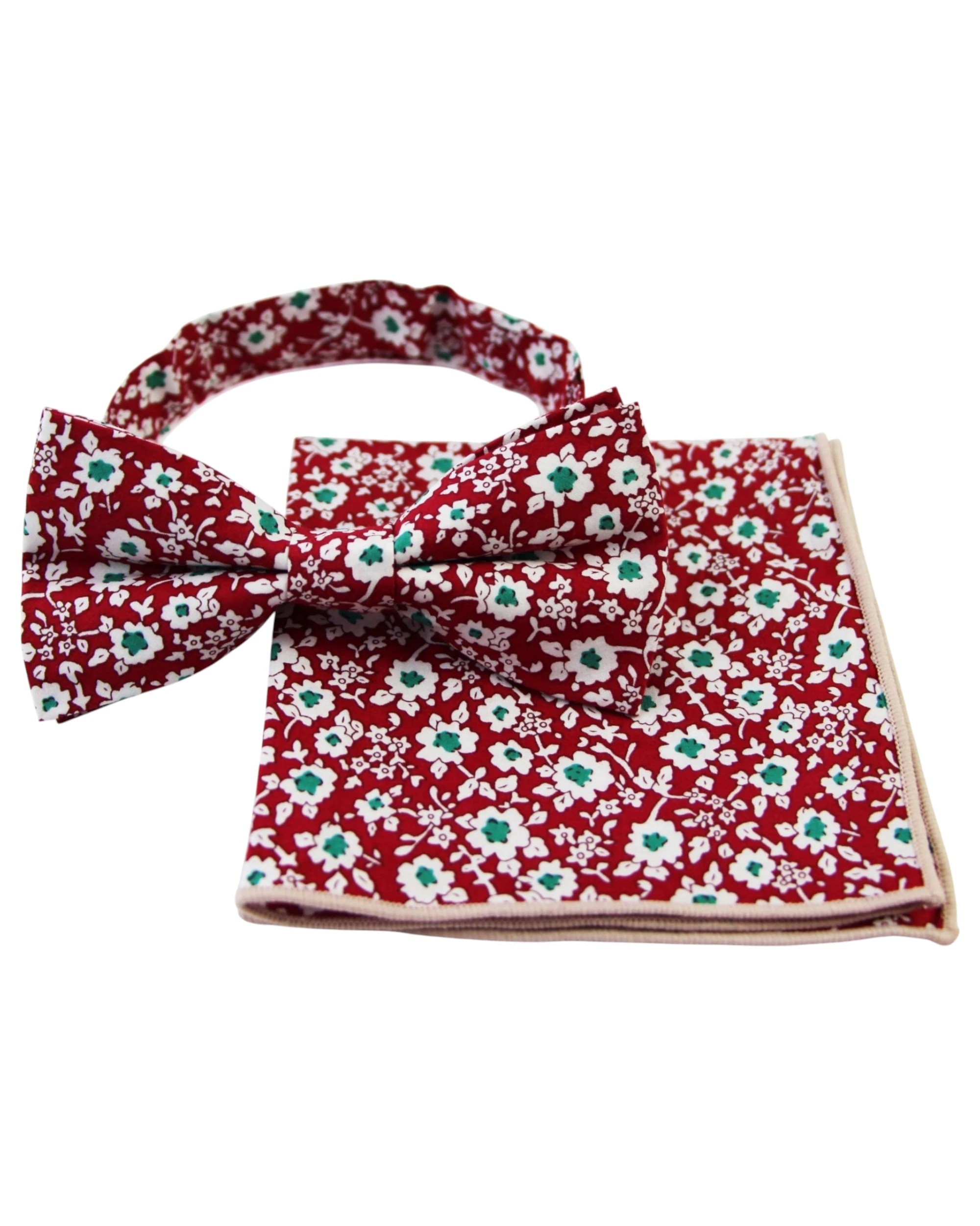 1 Zasel Mens Red With White & Green Flowers Cotton Bow Tie & Pocket Square Set - Multi - Multi, 1 of 5