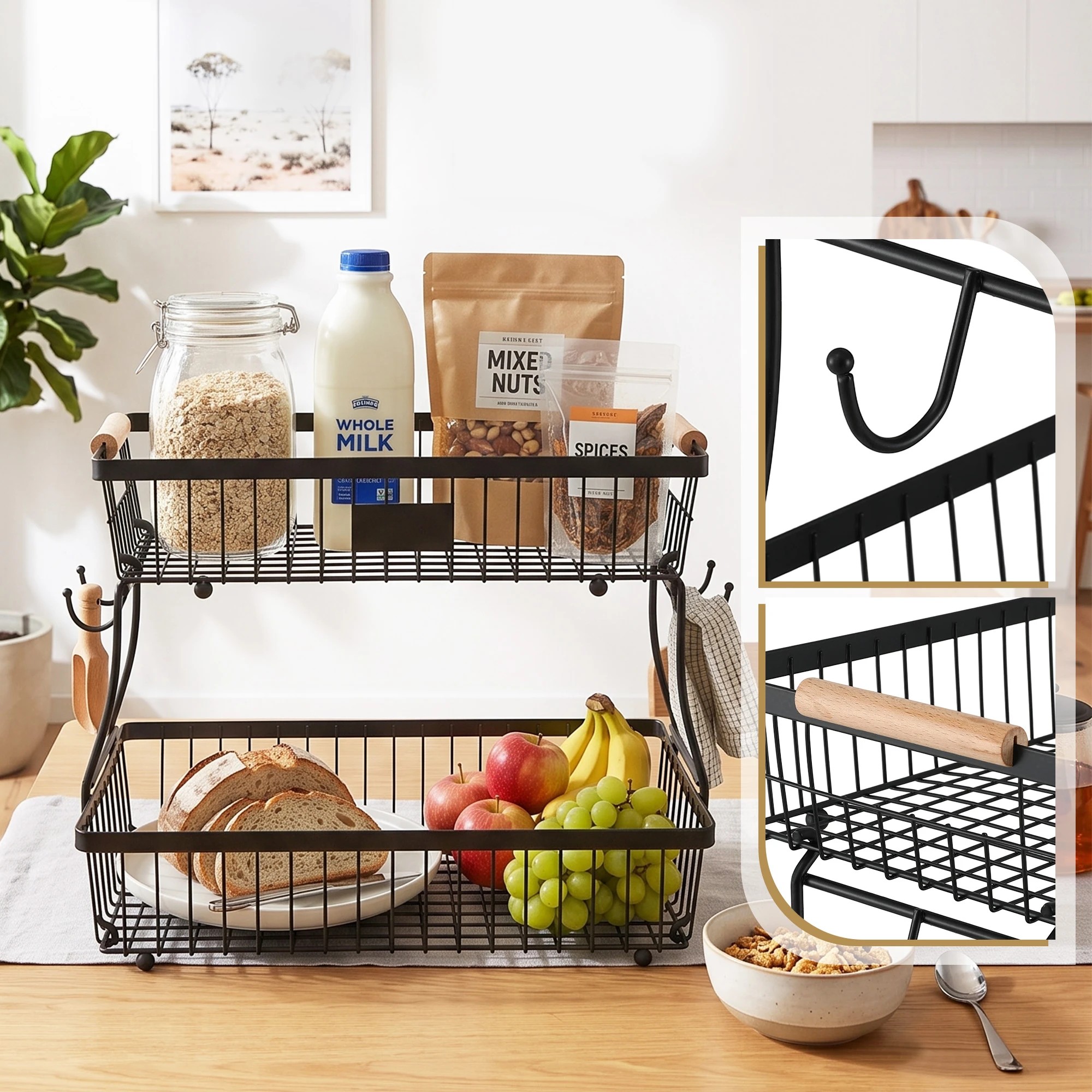 3 5-Star Chef 2 Tier Fruit Basket Bowl Detachable Kitchen Food Storage Stand Organiser - Black, 3 of 6