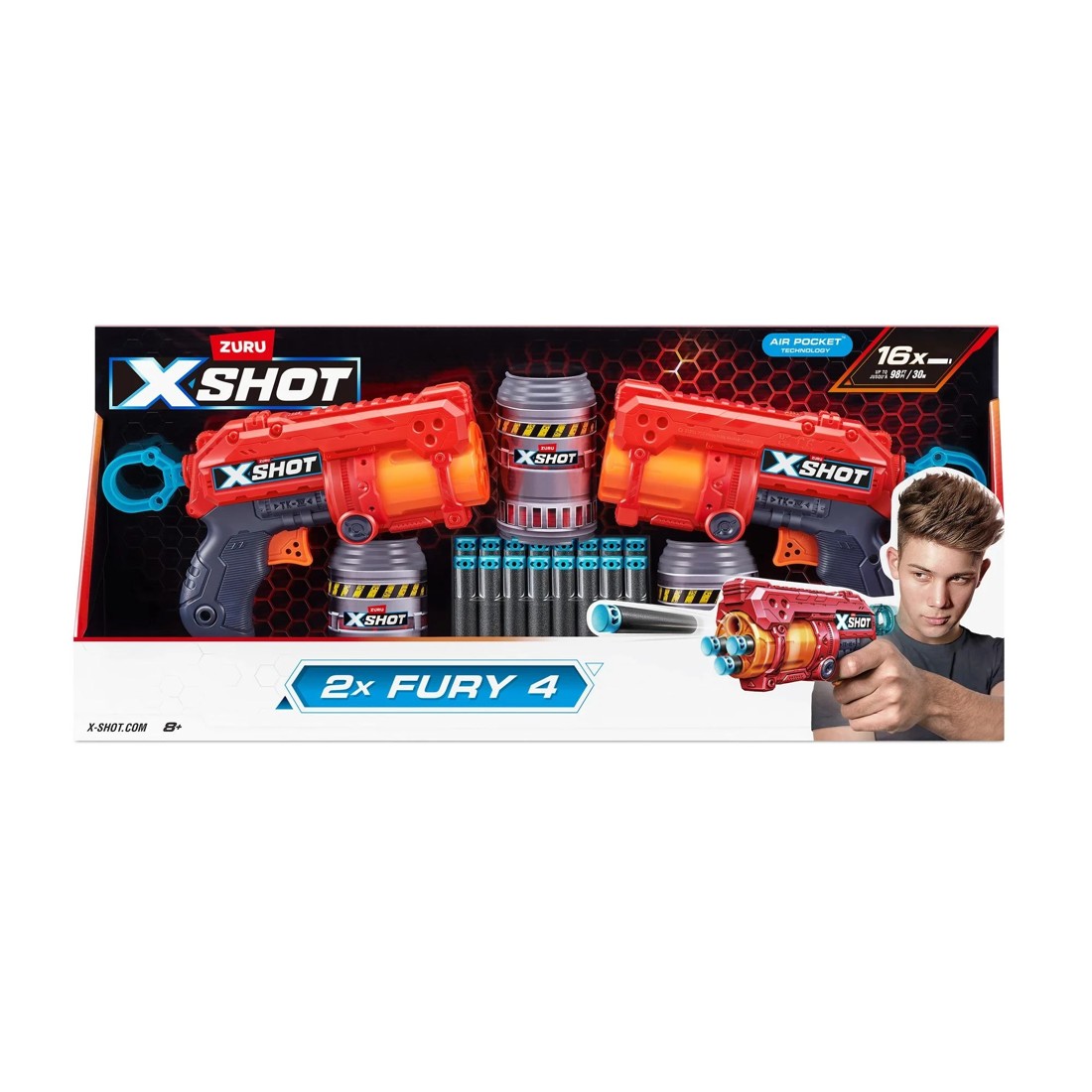 2 XSHOT Excel Double Fury 4 Blaster Combo Pack (16 Darts, 3 Cans) by ZURU - Red, 2 of 8