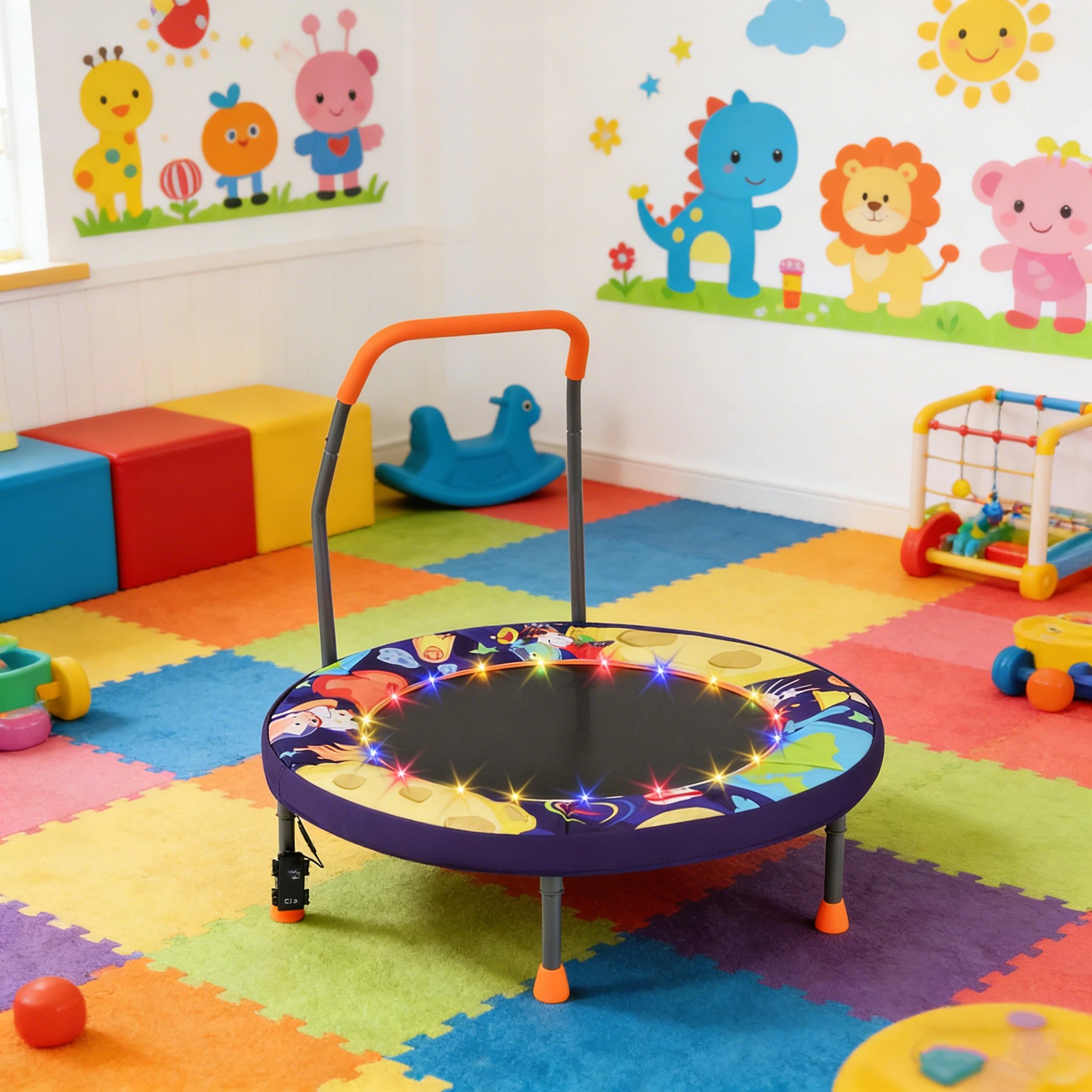 2 Costway Foldable Kids Trampoline Mini Play Bouncer w/20 LED Lights & Foam Handlebar, 2 of 4