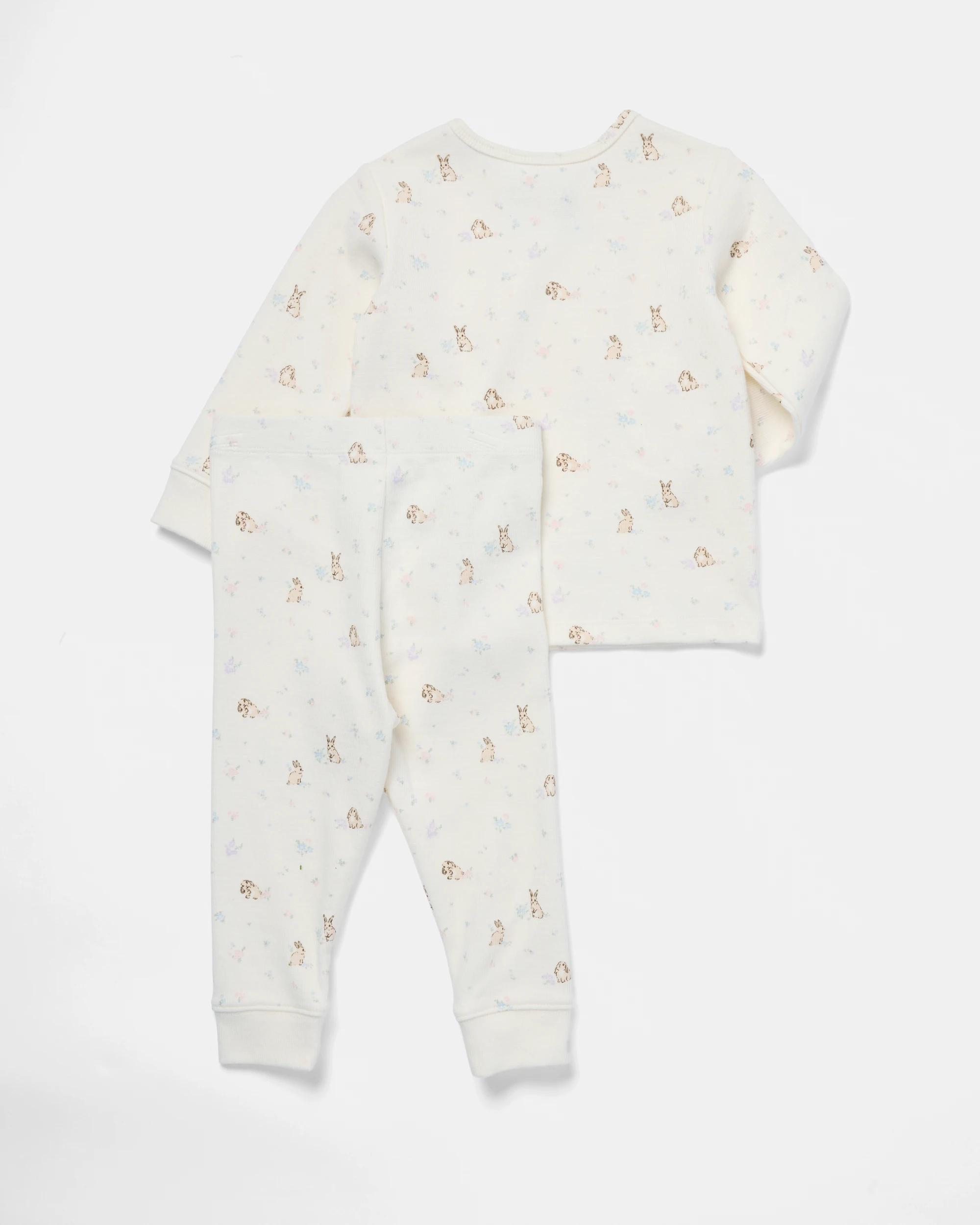2 Cotton Ribbed Pyjama Set Beig Bunny, 2 of 8