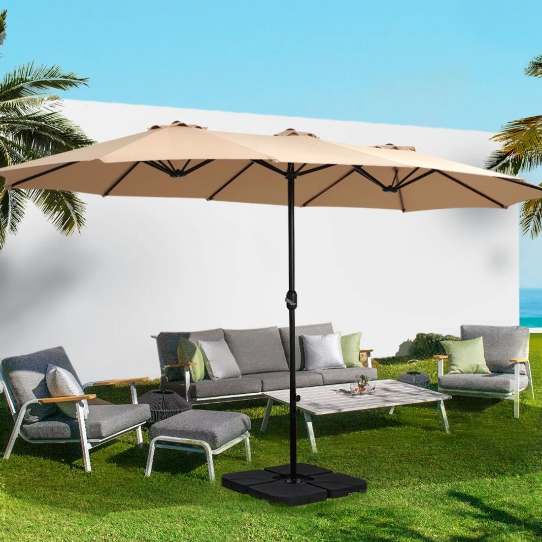 3 Instahut 4.57m Outdoor Umbrella w/Base Stand Beach Pole Garden Tilt - White, 3 of 4