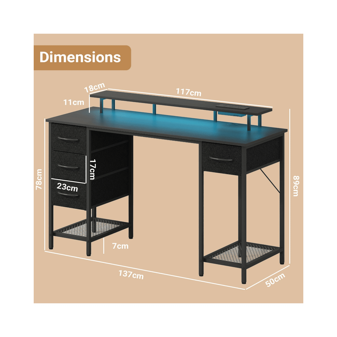 2 Advwin 137cm Black Computer Desk With Led Lights Power Outlets Gaming Desk, 2 of 9