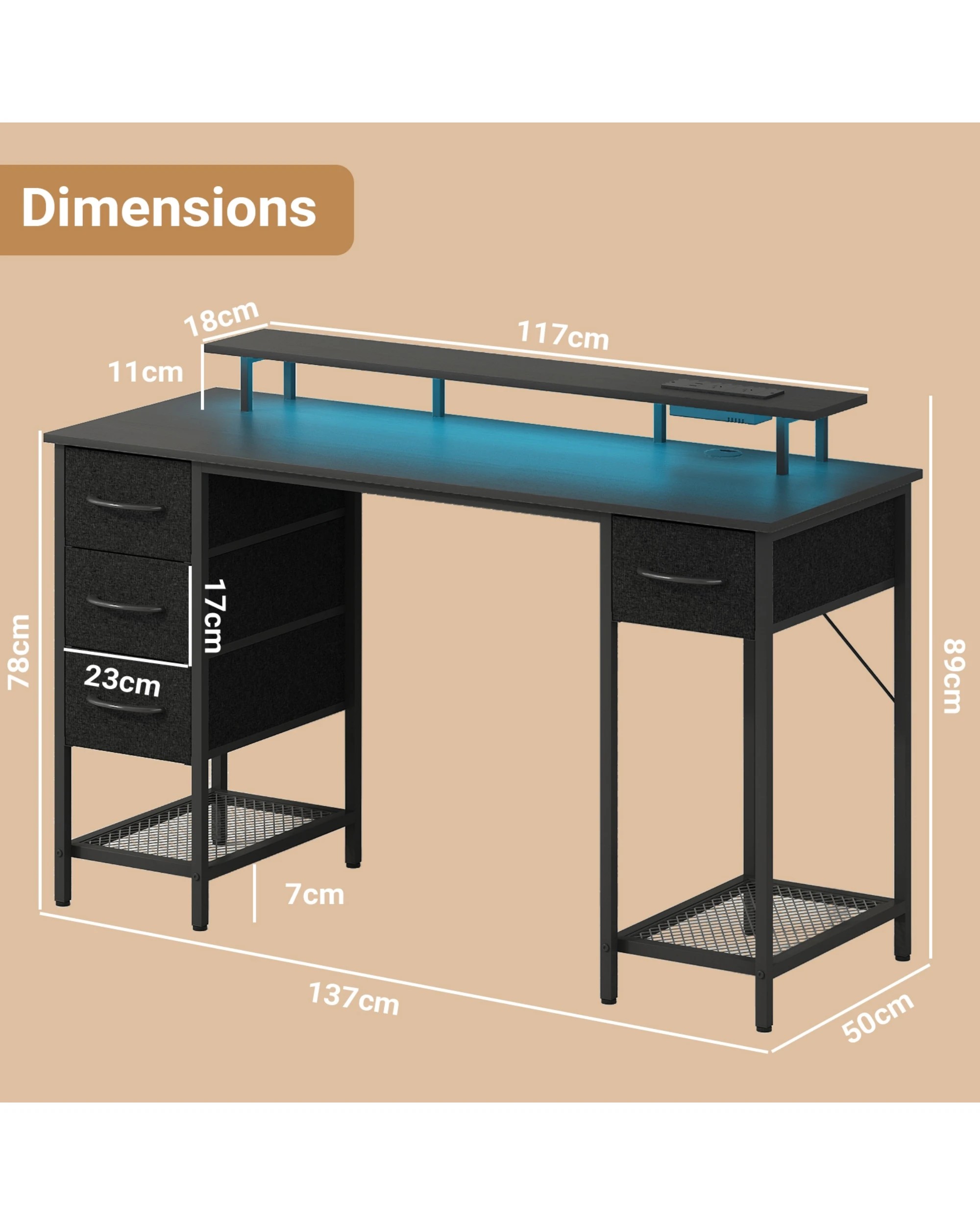 2 Advwin 137cm Black Computer Desk With Led Lights Power Outlets Gaming Desk, 2 of 9