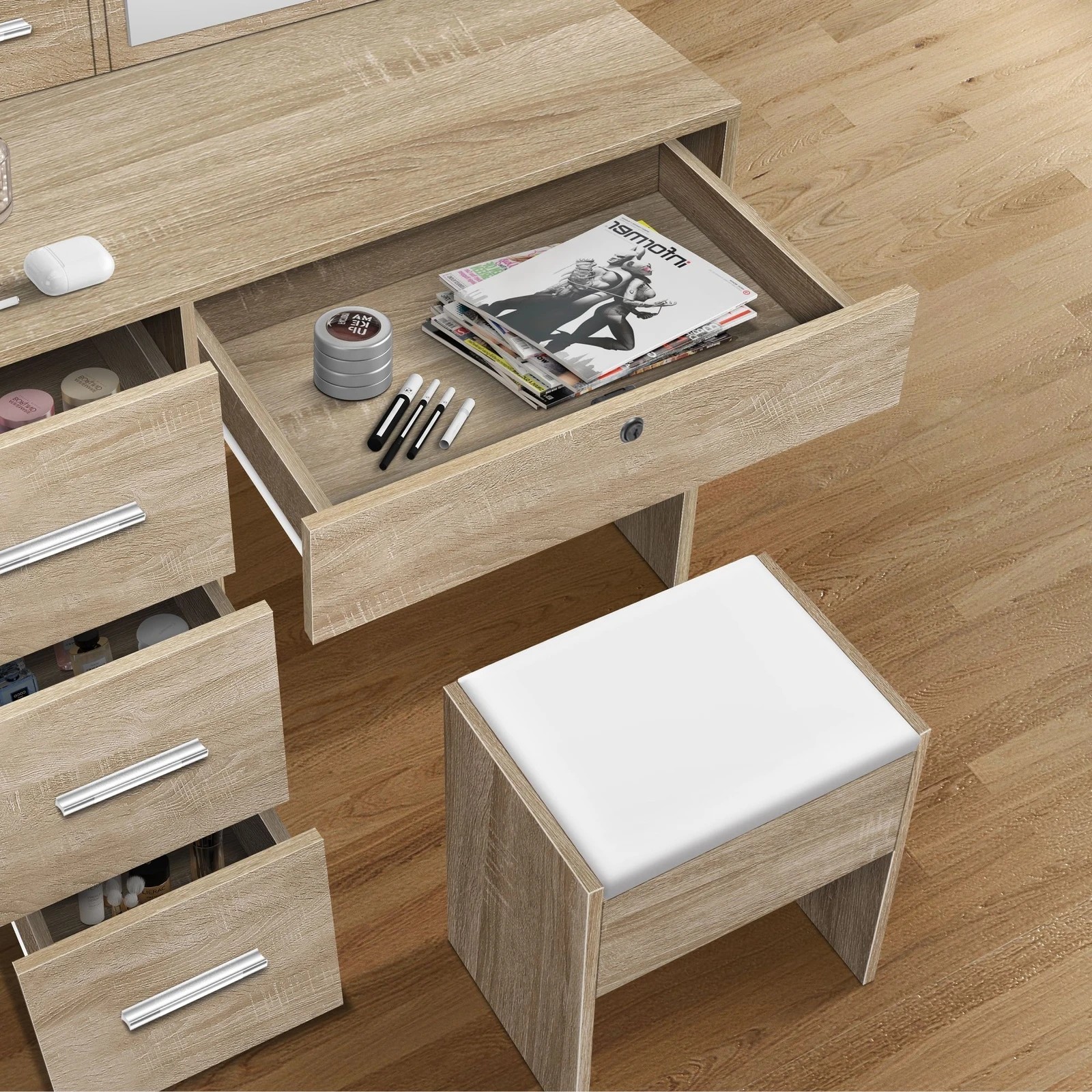 3 Alfordson Dressing Table Stool Set Makeup Vanity Desk LED 10 Bulbs - Oak, 3 of 10